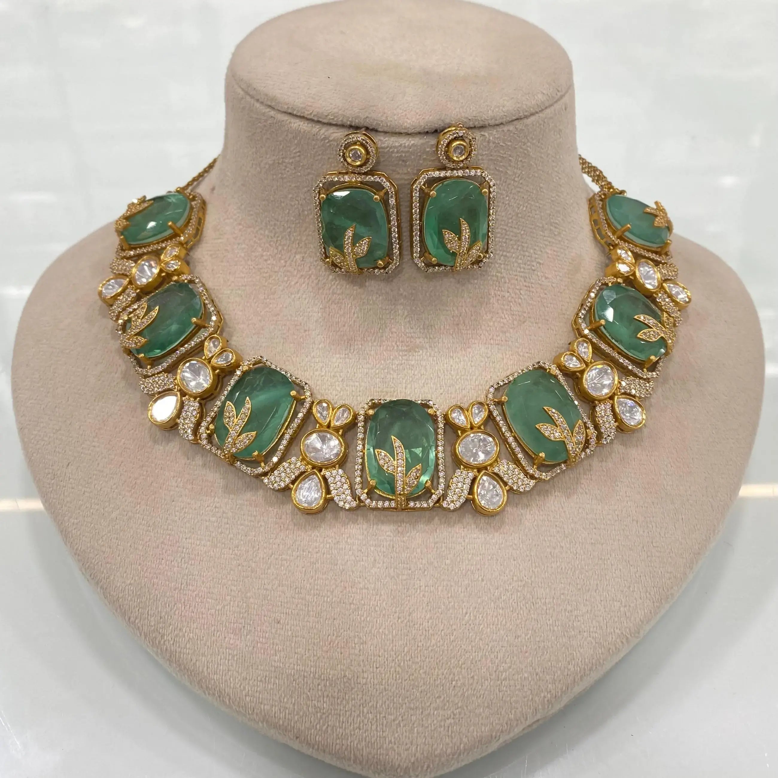 Amrina Doublet Uncut Polki Moissanite Premium Necklace Set - Mint