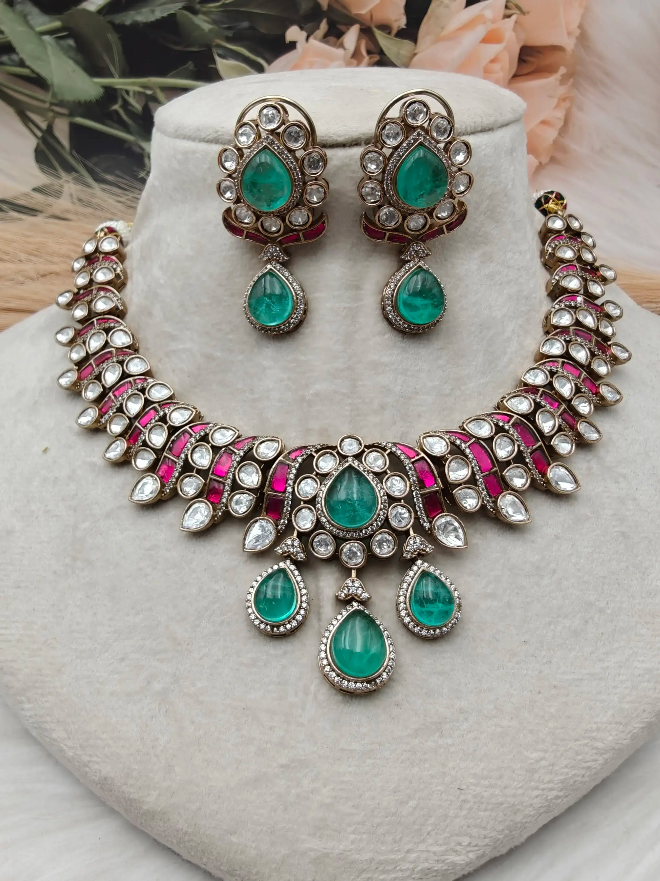 Samudra Moissanite Necklace Set- Mint n Ruby