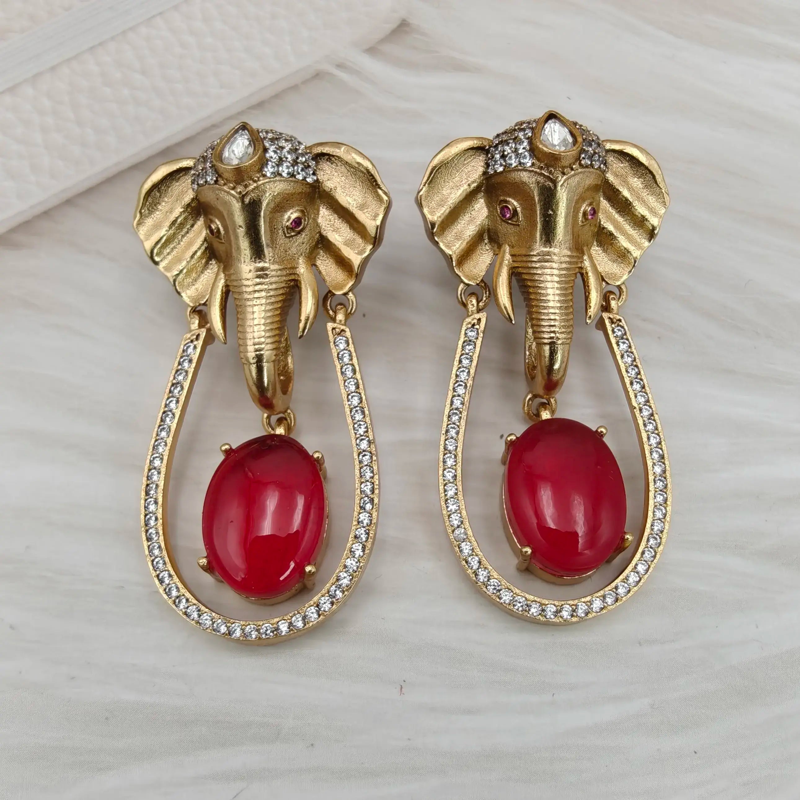 Ganesha Doublet Statement Earrings - Red