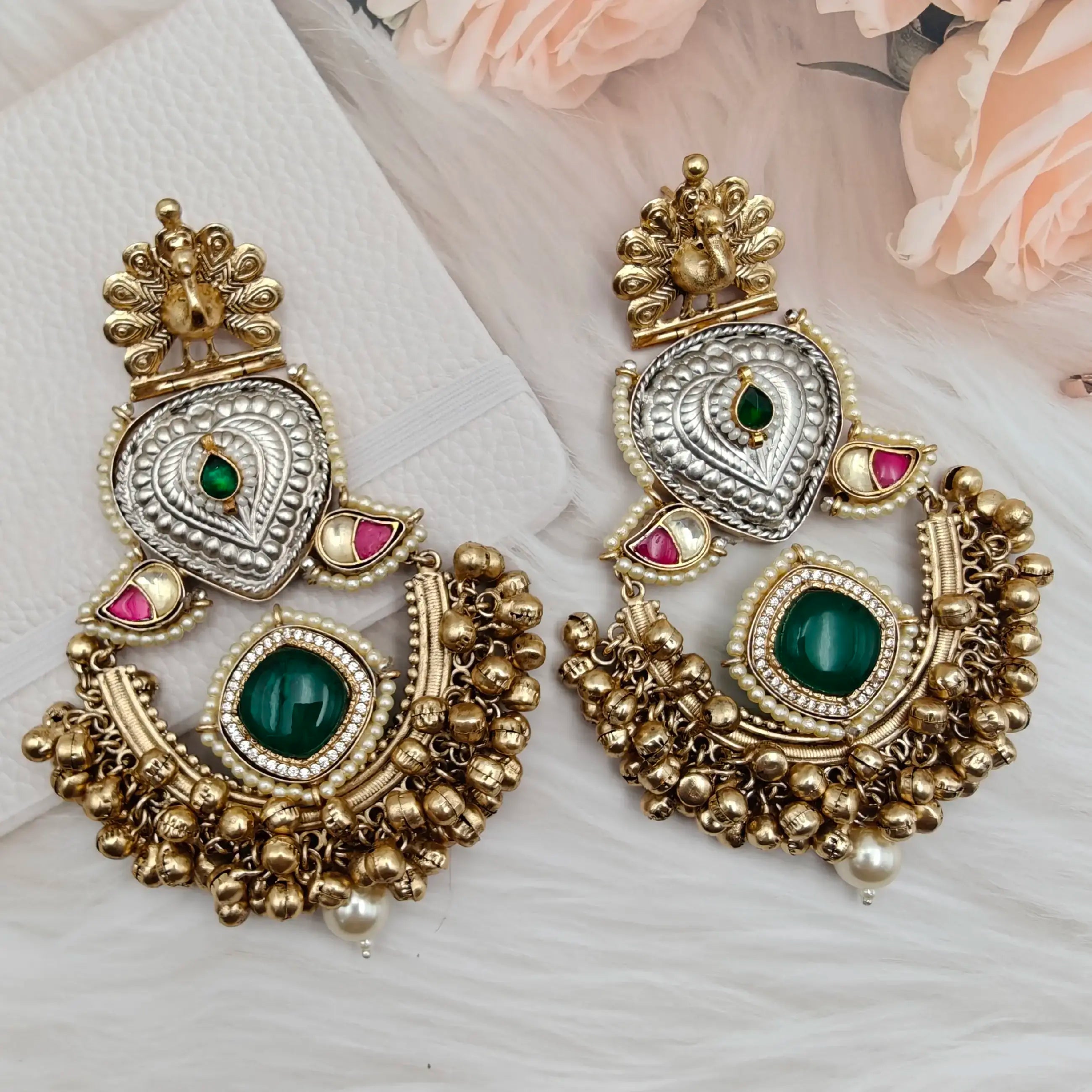 Ehsaas Doublet Brass Fusion Amrapali Earrings - Emerald Green