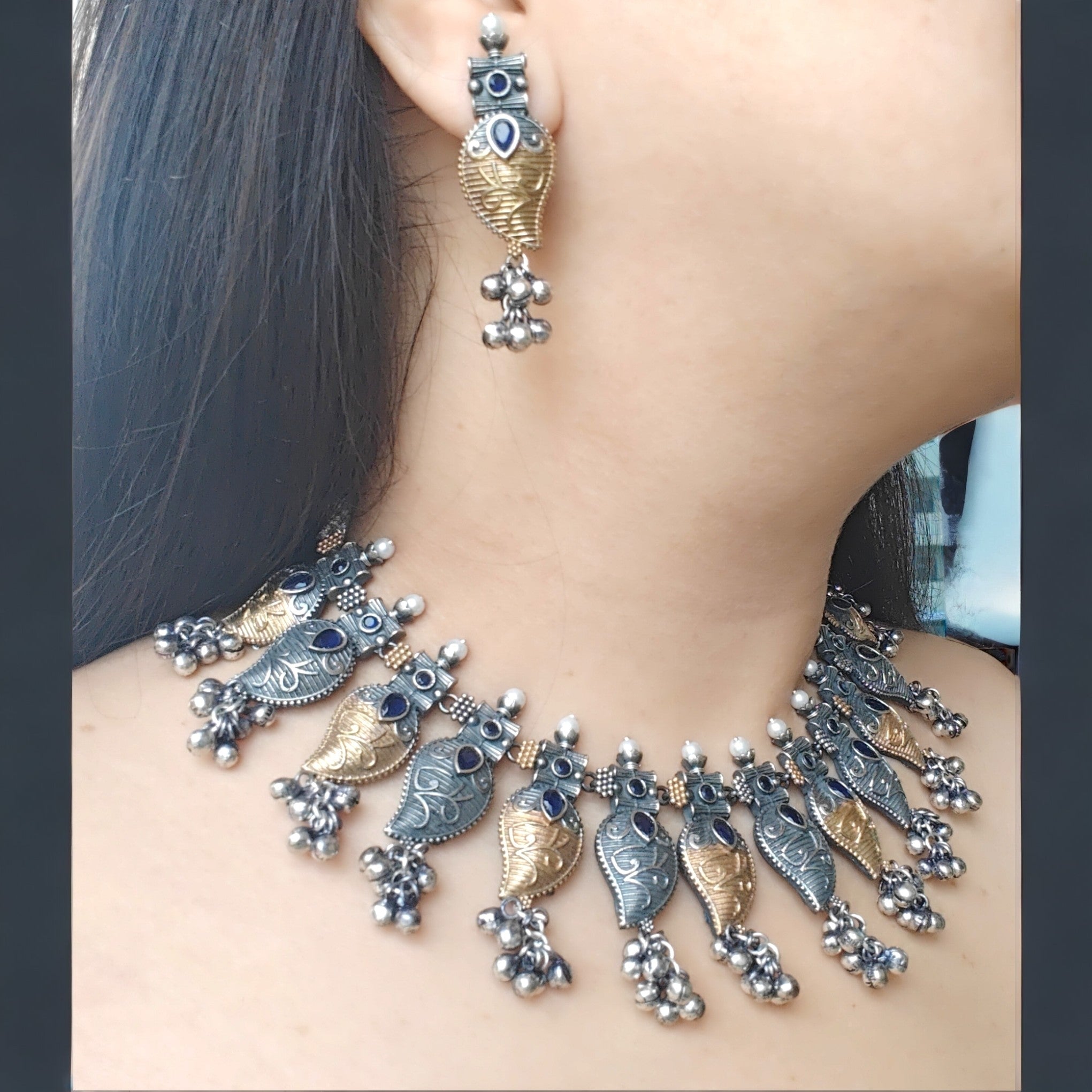 Mermaid Dual Tone Necklace Set- Blue