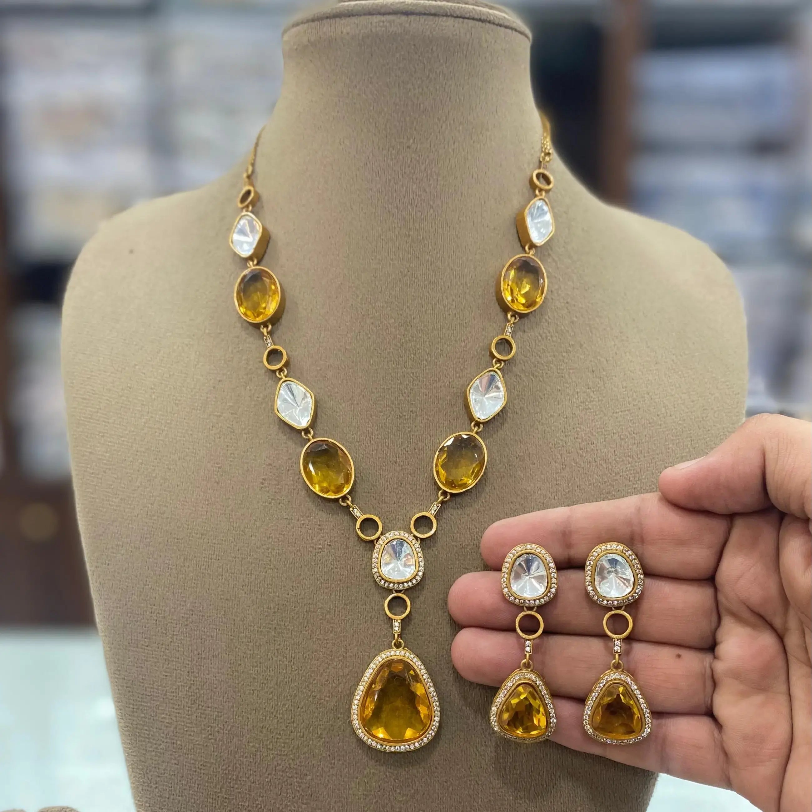 Shelly Uncut Polki Necklace Set - Golden Yellow