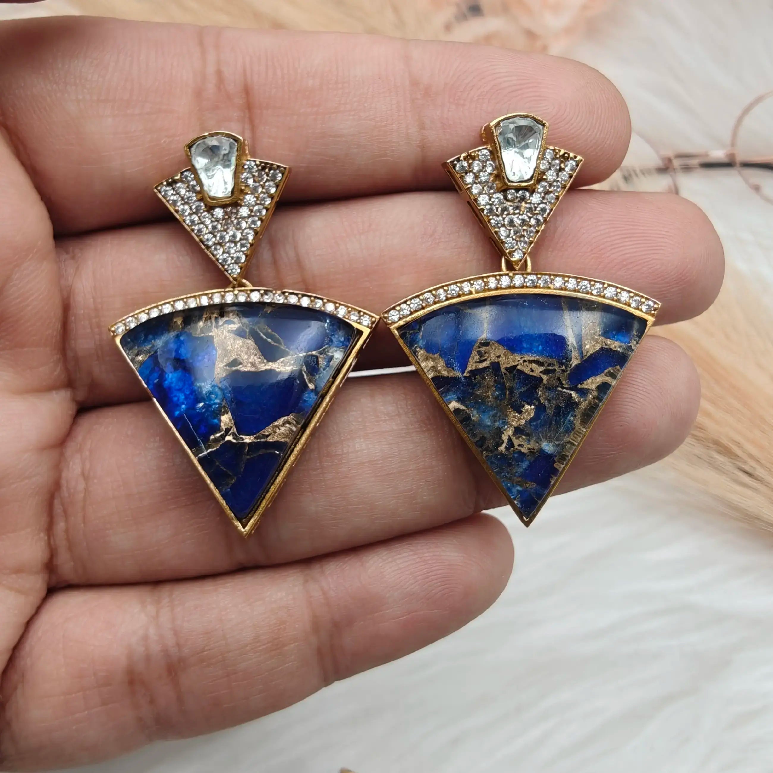 Medha Tourmaline Doublet Uncut Moissanite Polki Earrings - Blue