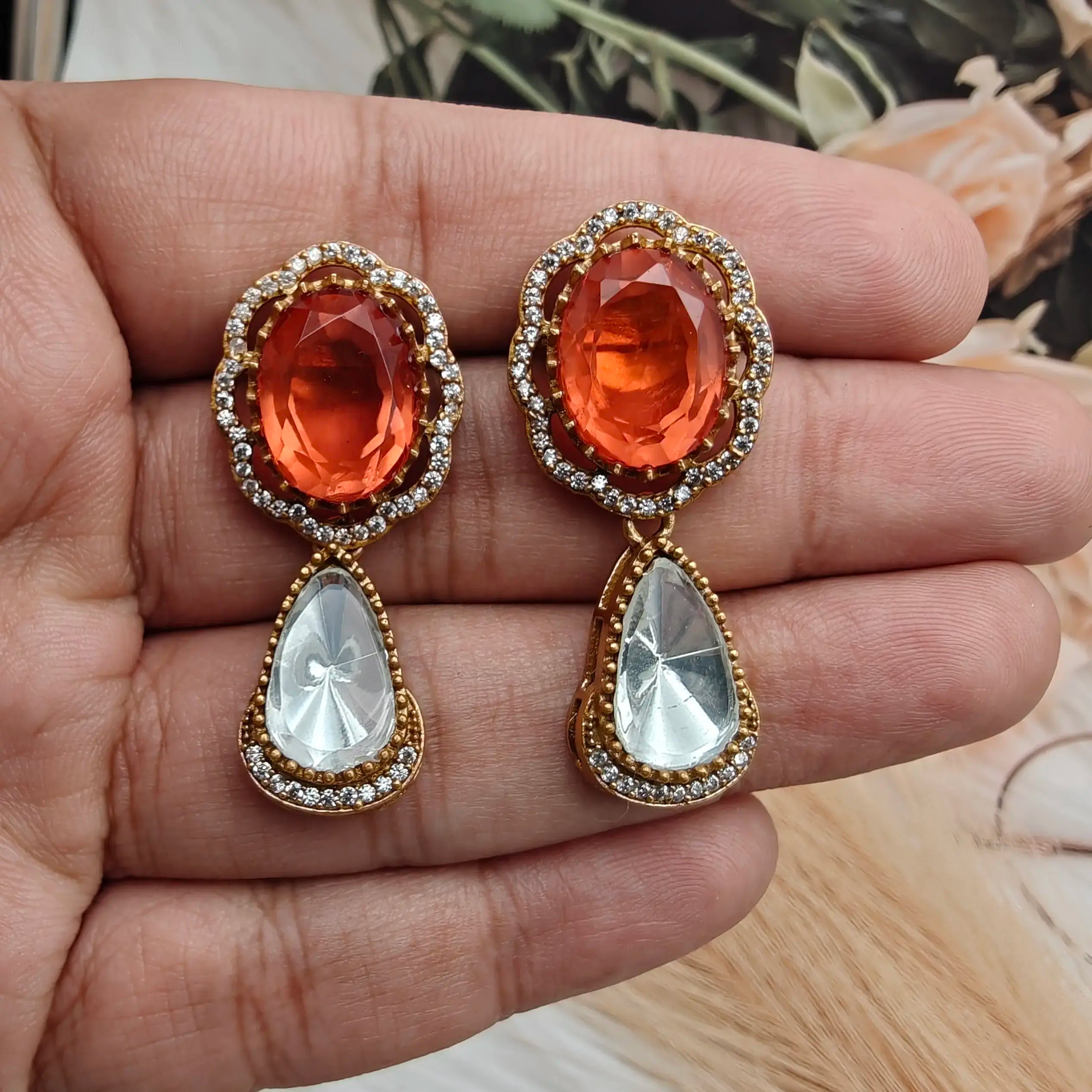 Shabana Doublet Uncut Polki Earrings - Orange