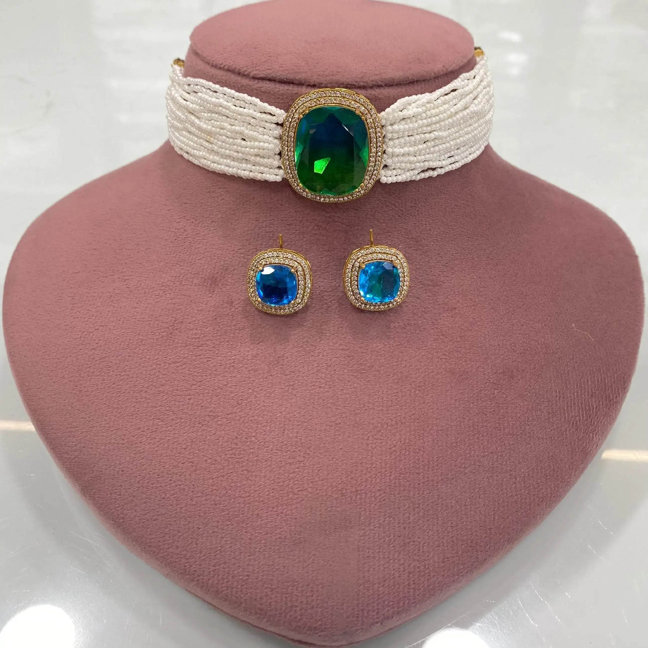 Tourmaline Bio Stone Sleek Choker Set - Blue N Green