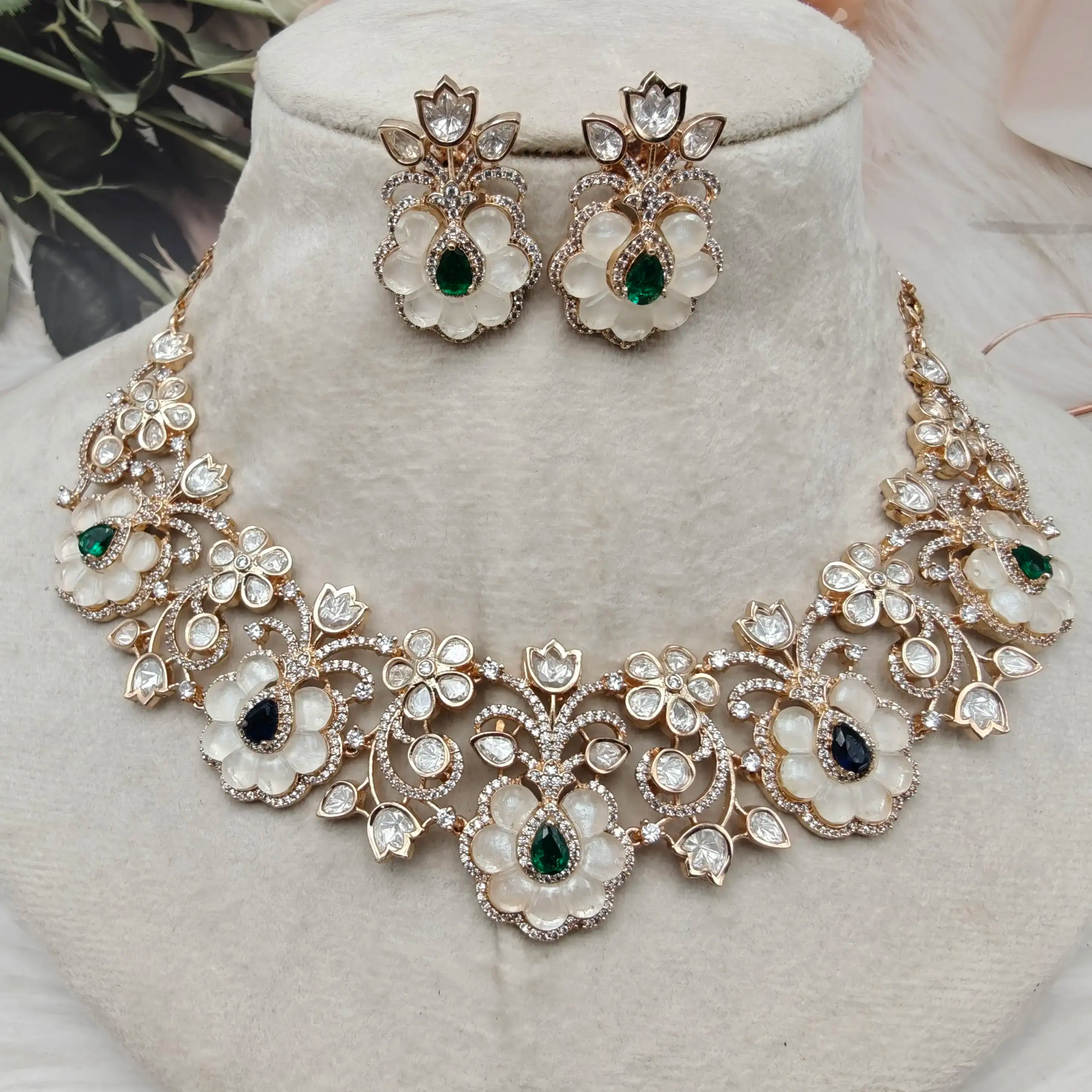 Rosia Mother of Pearl Moissanite Kundan Necklace Set - Green n Blue