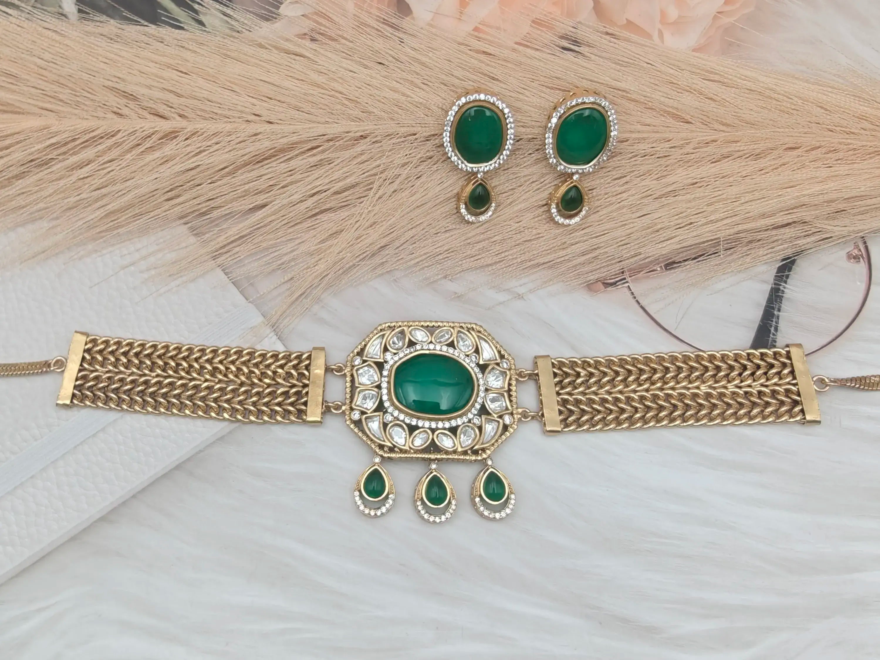 Ziva Premium Doublet Chain Choker Set- Green