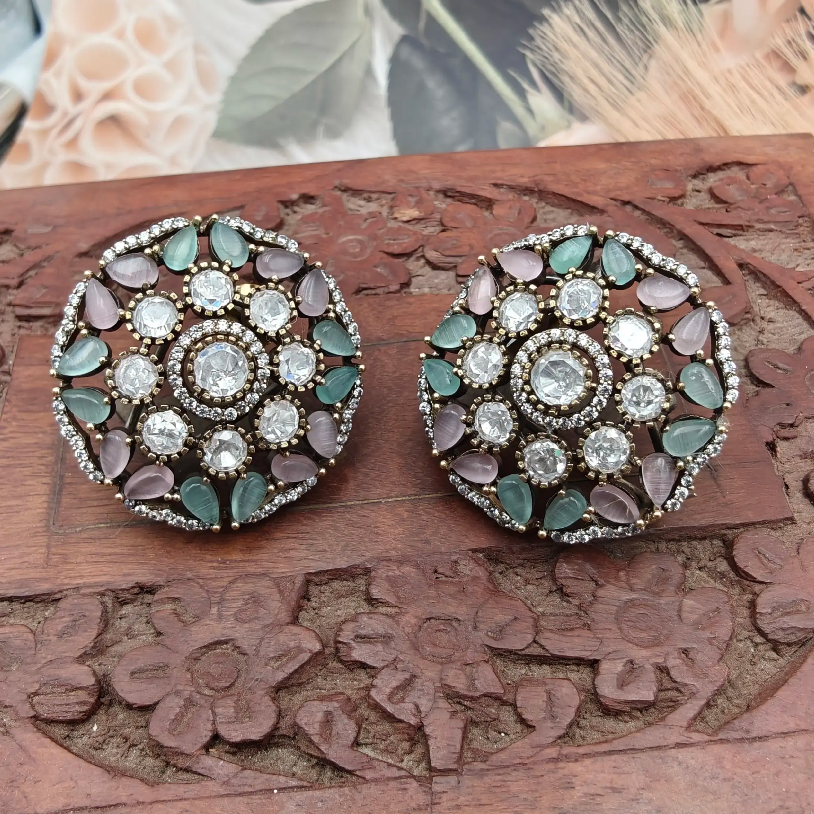 Advisha Uncut Moissanite Polki Studs - Mint N Pink