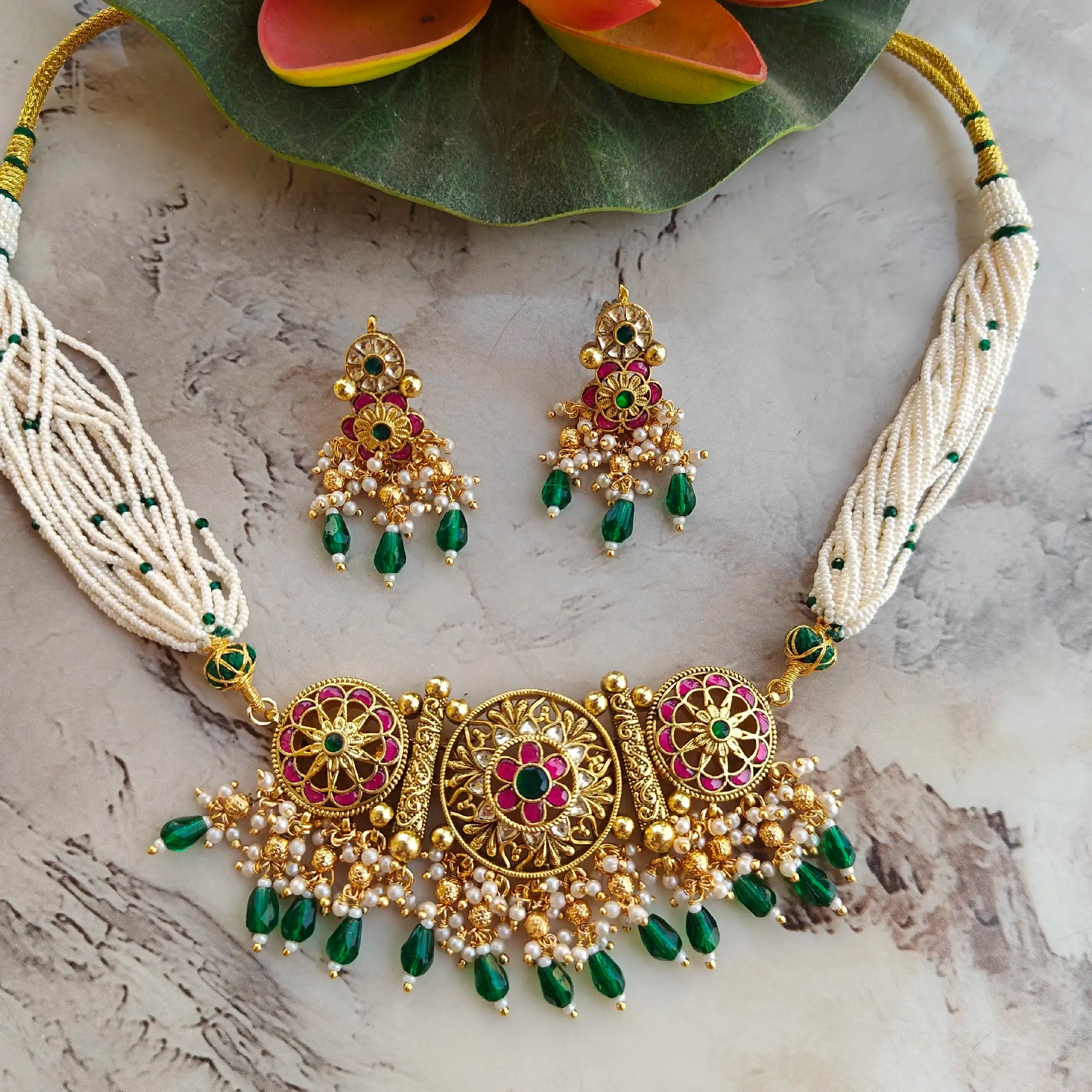 Riana Jadtar Pachi Kundan Choker Necklace Set - Green N Ruby