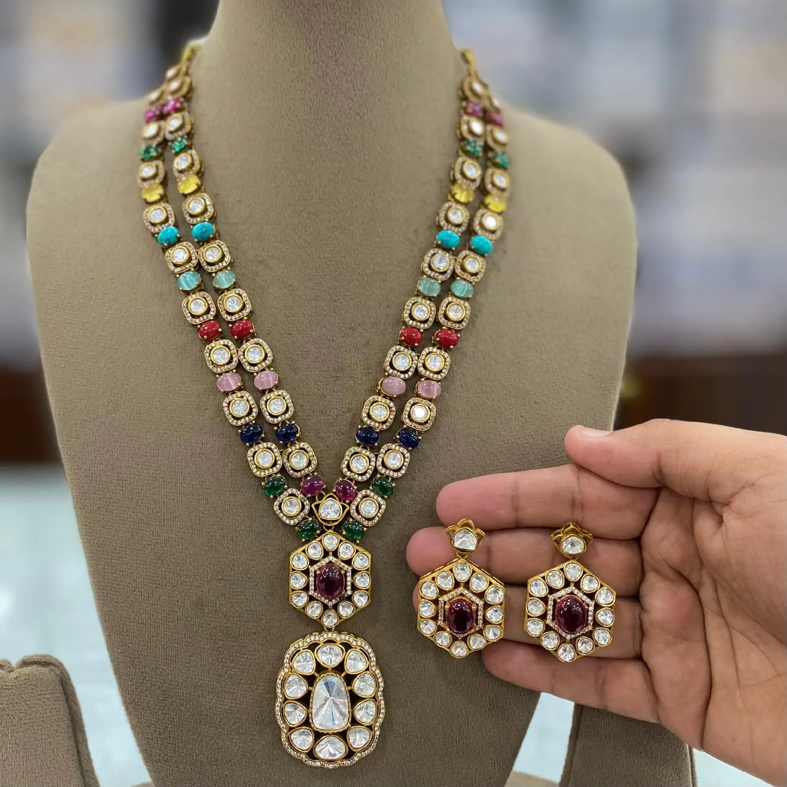 Ruksaar Navratan Moissanite Necklace Set