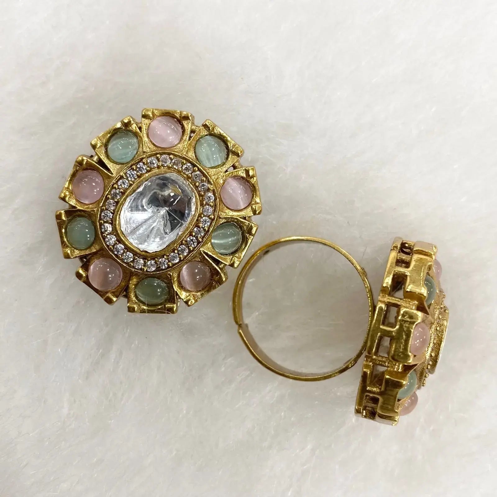 Tanika Polki Kundan Finger Ring - Mint N Pink