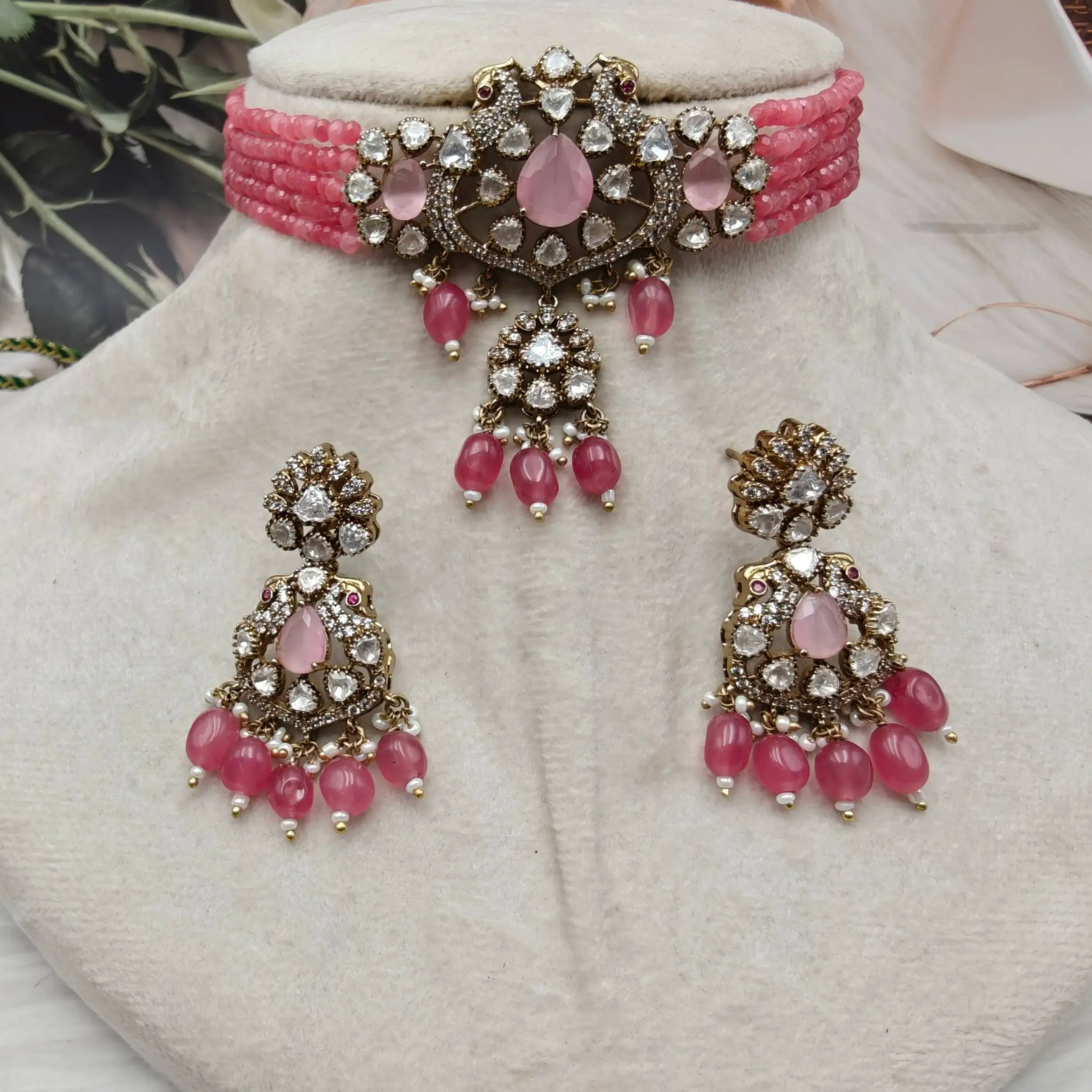 Shubha Premium Moissanite and Onyx Choker Set- Pink