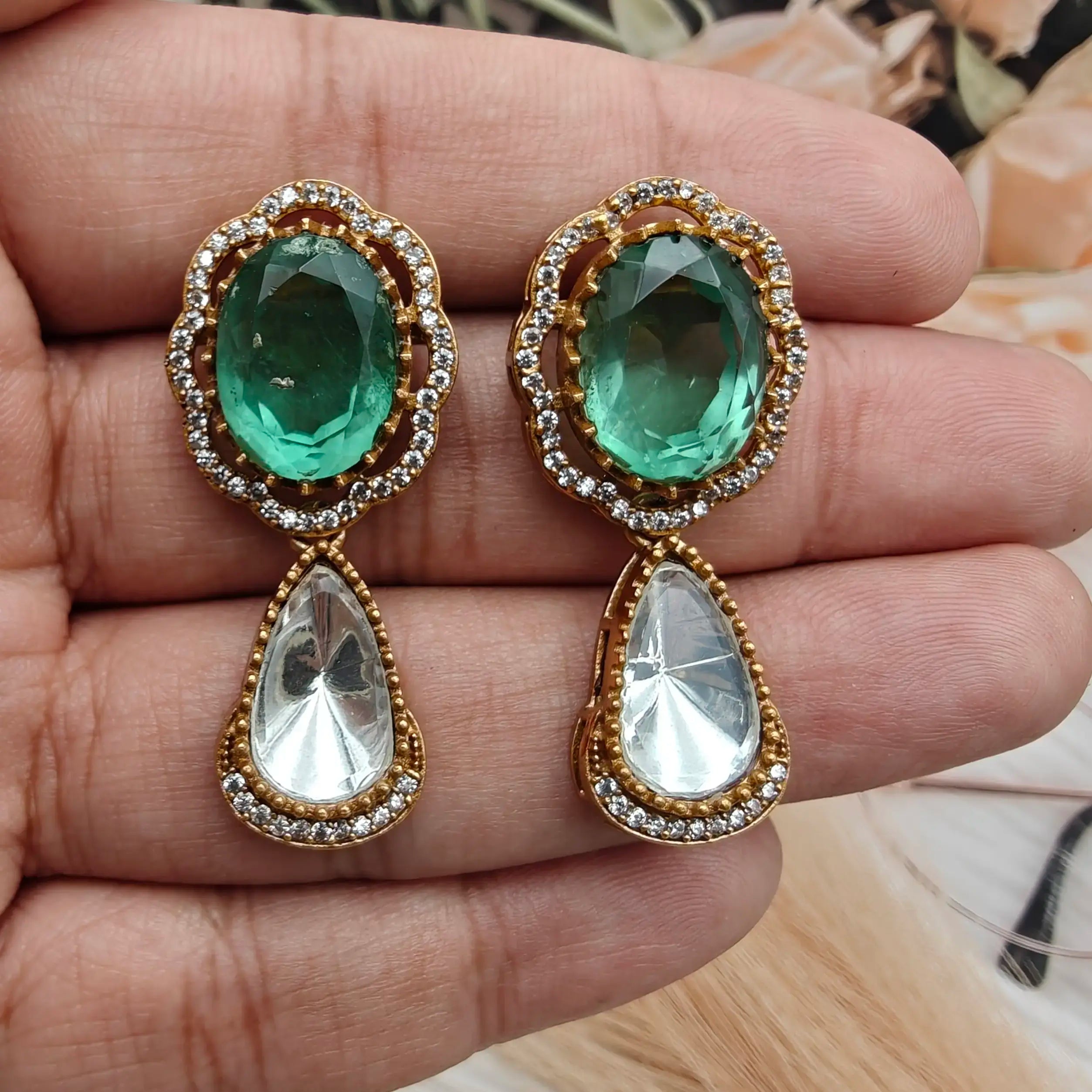 Shabana Doublet Uncut Polki Earrings - Mint Green