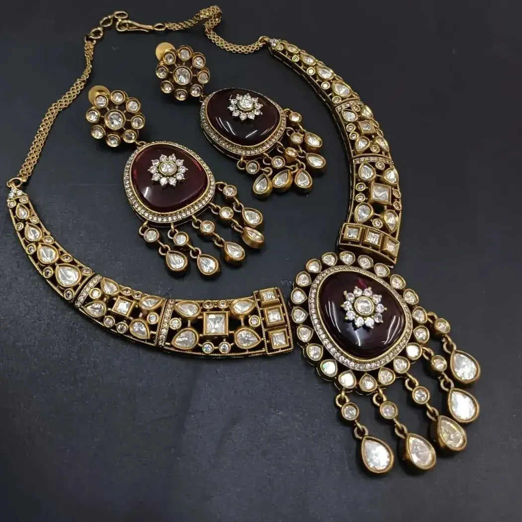 Shafa Uncut Moissanite Polki Hasli Necklace Set - Ruby