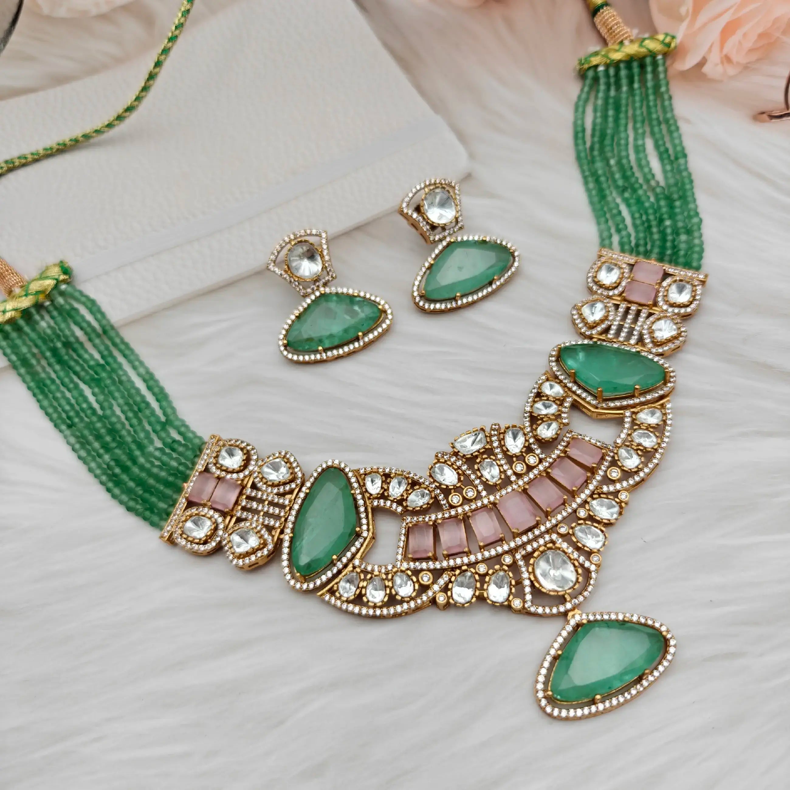 Apsara Doublet And Moissanite Necklace Set - Mint And Pink