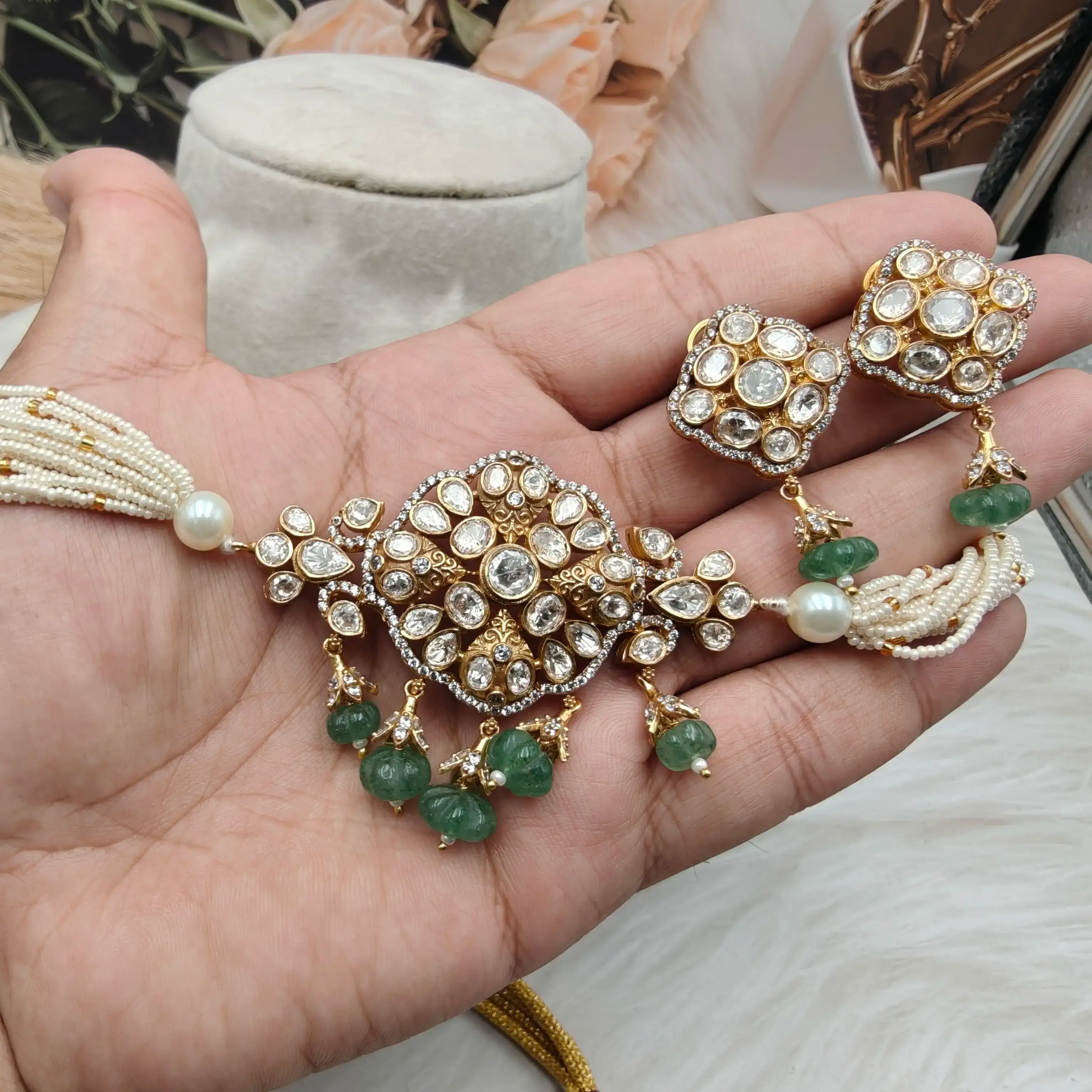 Rasika Moissanite Kundan Choker Set- Mint