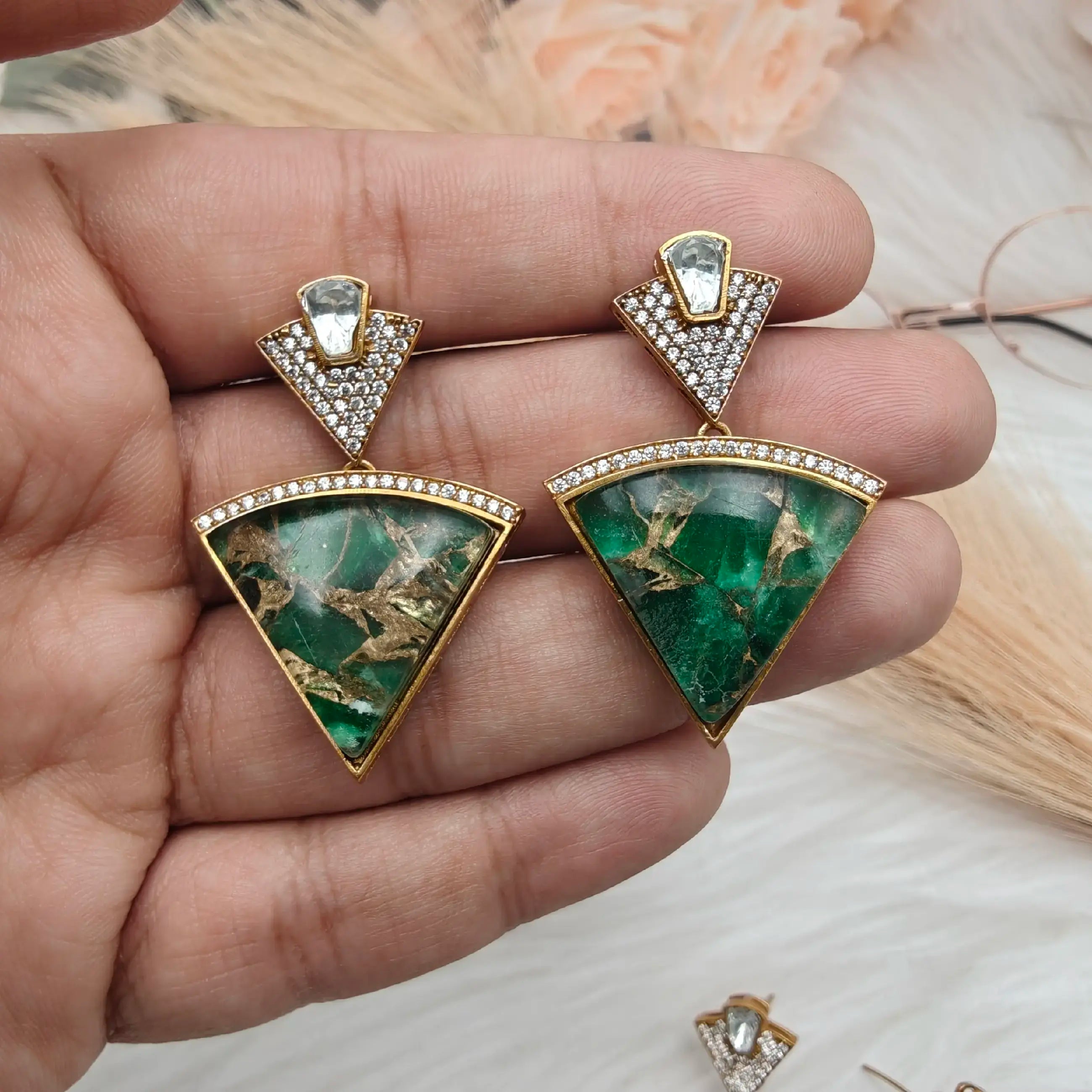 Medha Tourmaline Doublet Uncut Moissanite Polki Earrings - Green