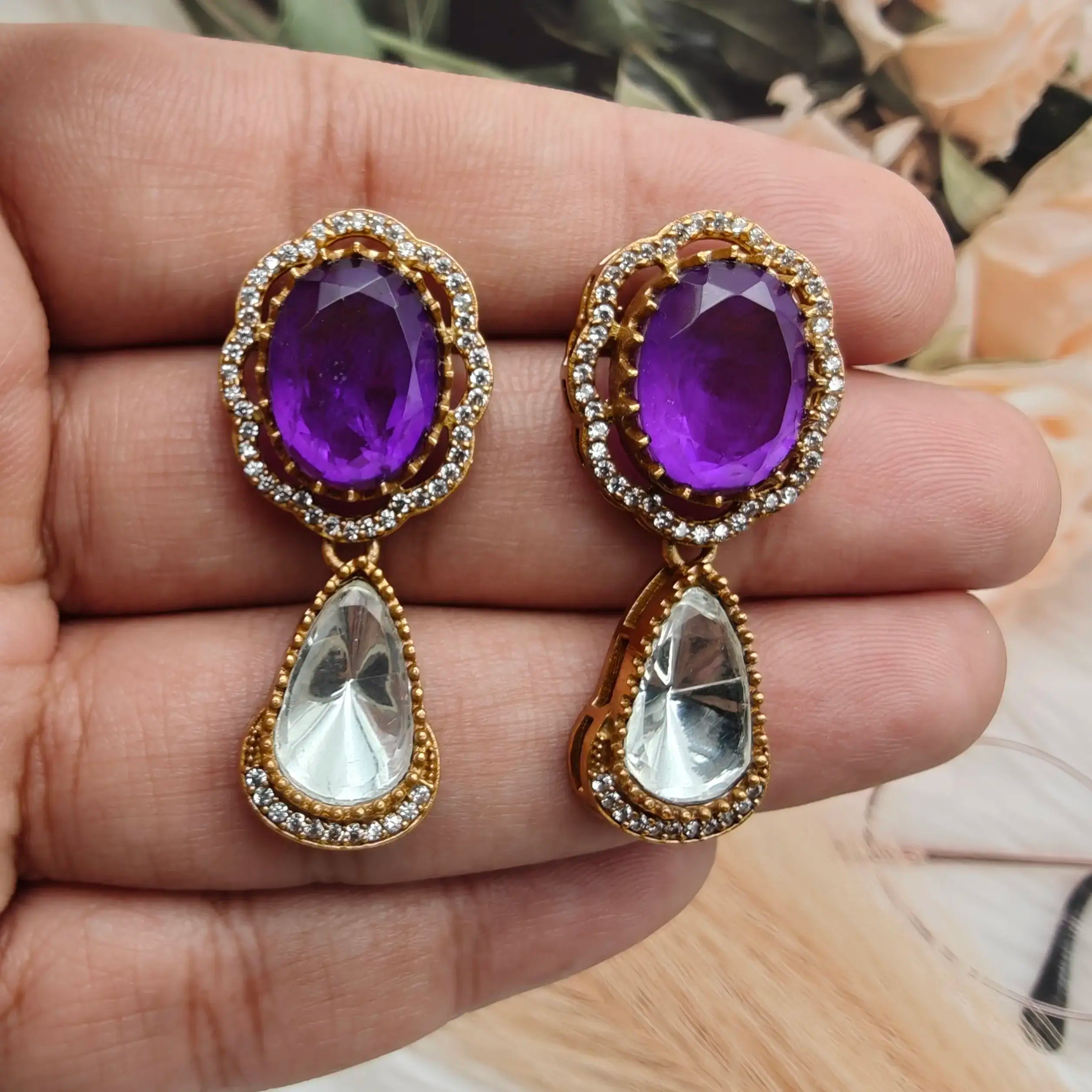 Shabana Doublet Uncut Polki Earrings - Purple