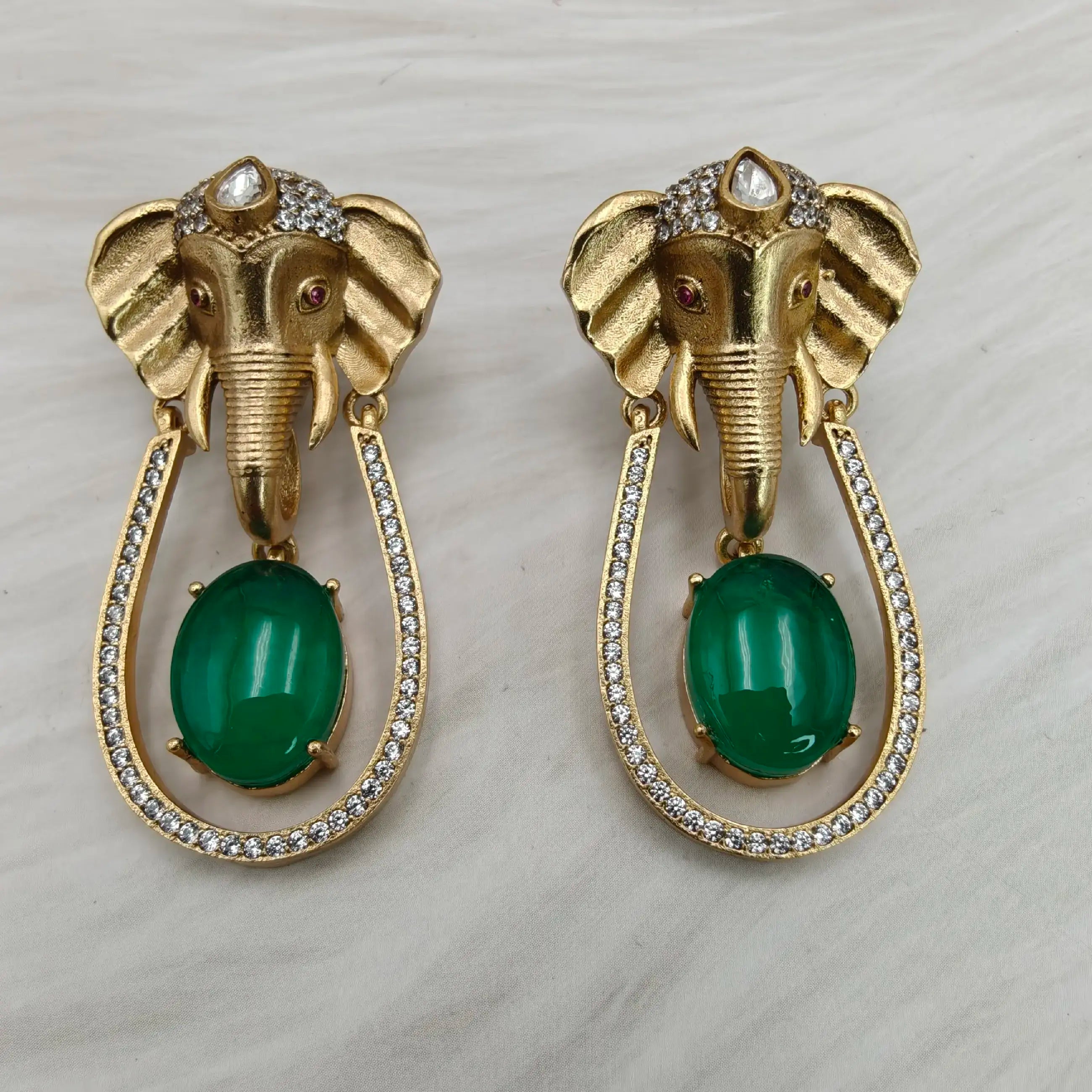 Ganesha Doublet Statement Earrings - Emerald Green