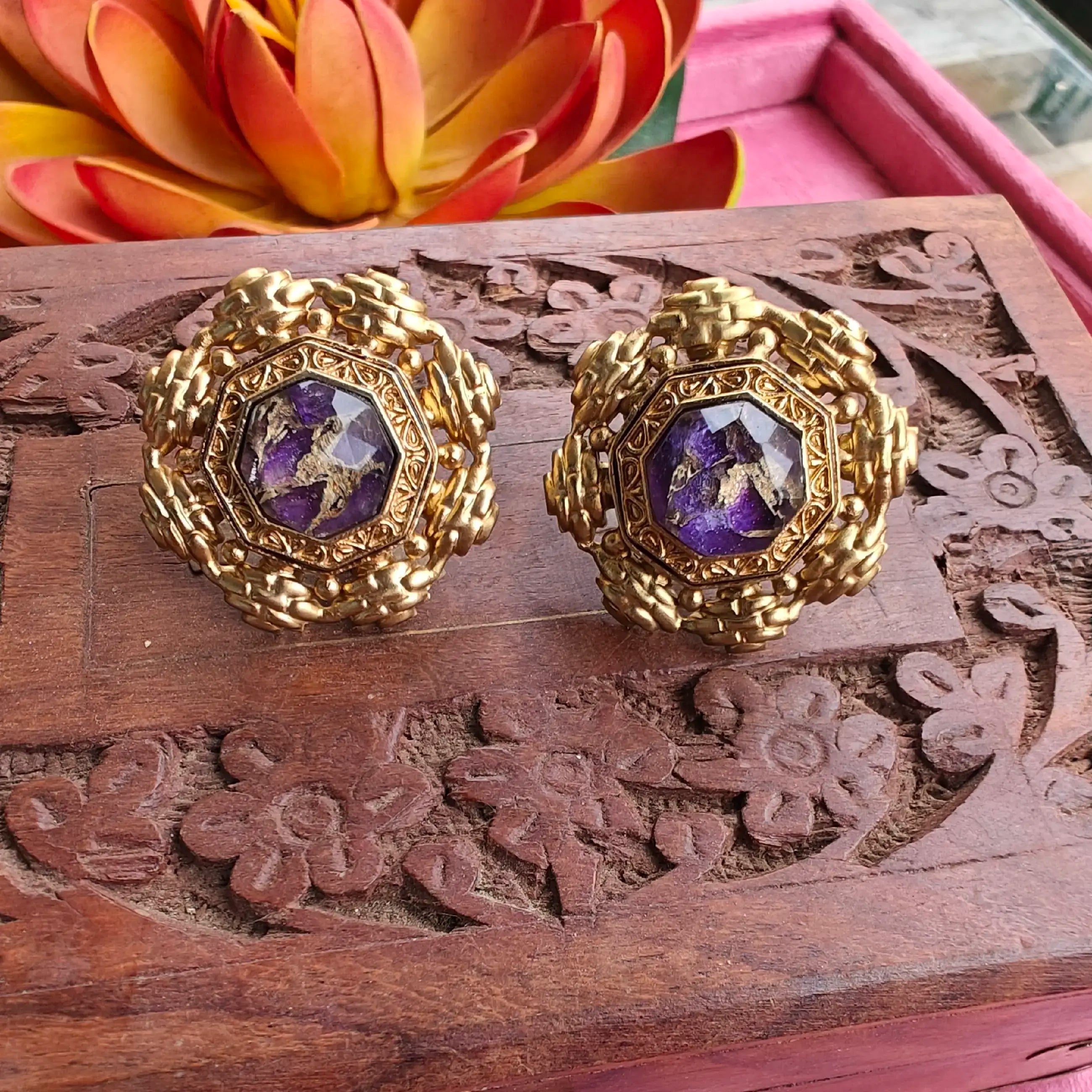 Jannat Amrapali Brass Fusion Tourmaline Doublet Studs - Purple