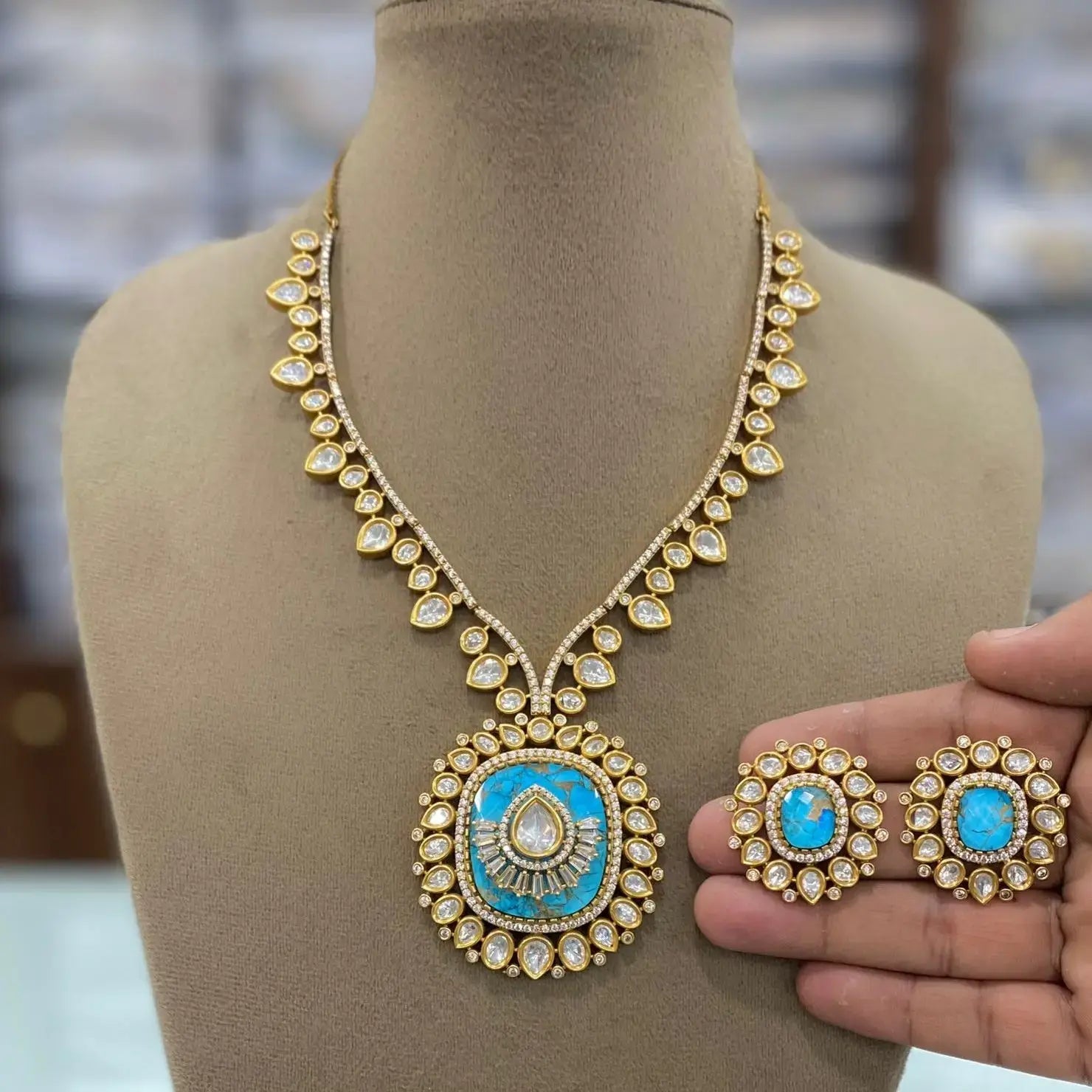 Srishti Moissanite Polki Tourmaline Doublet Necklace Set - Turquoise