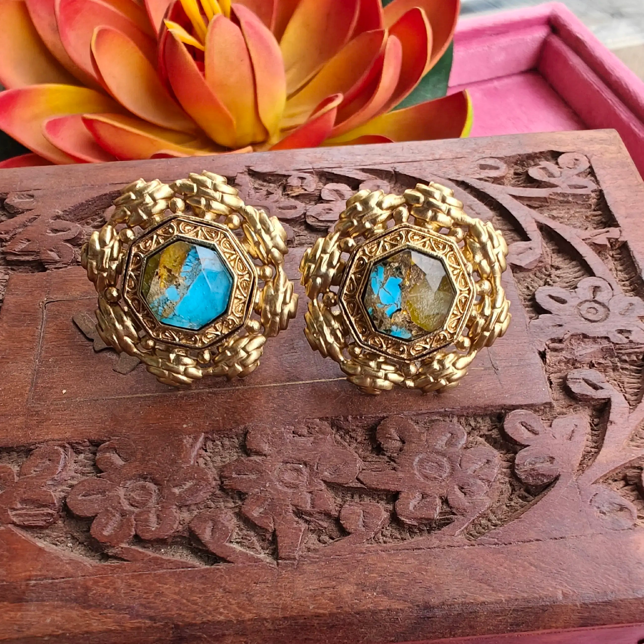 Jannat Amrapali Brass Fusion Tourmaline Doublet Studs - Turquoise N Mustard