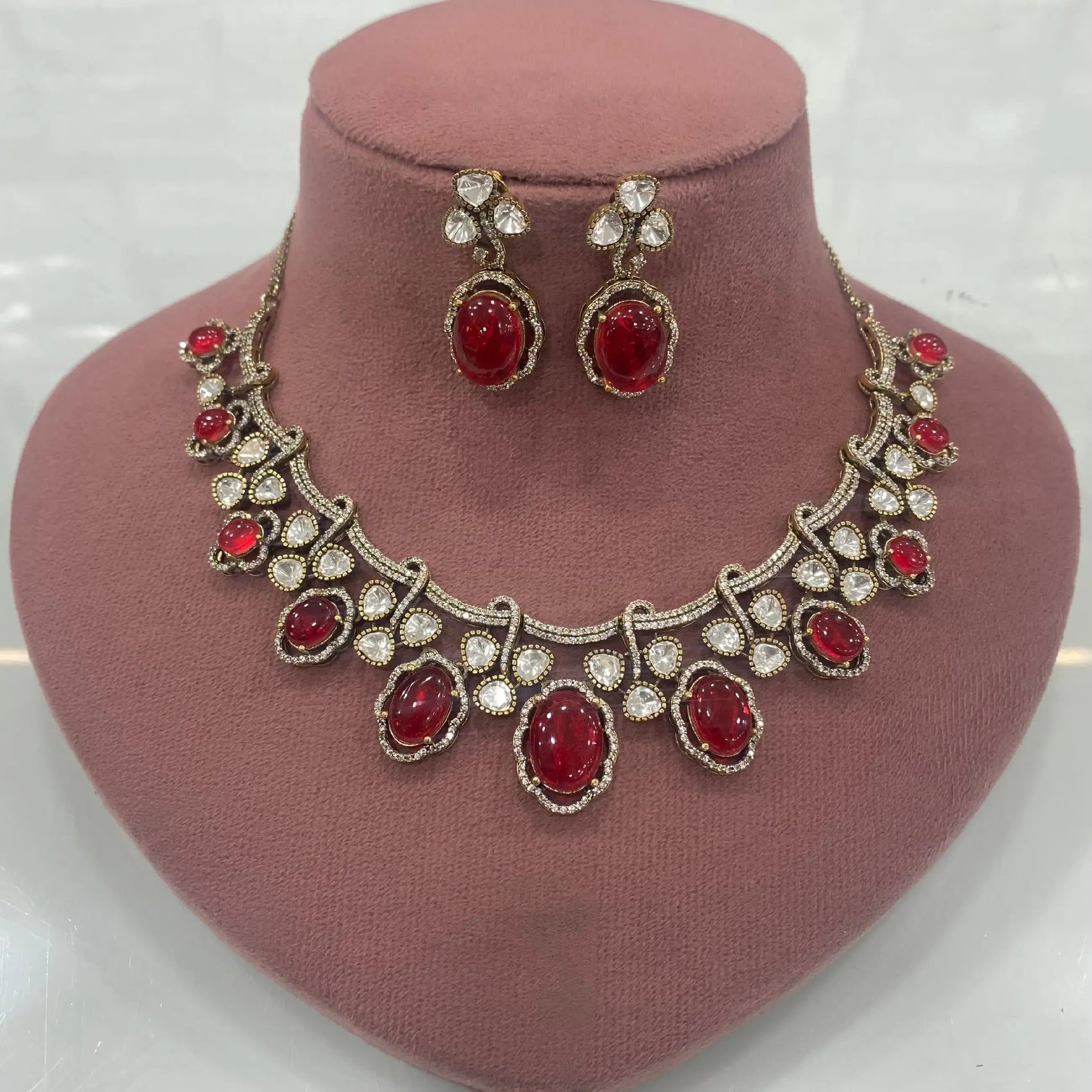 Rashmika Cabochone Doublet Uncut Polki Moissanite Necklace Set - Red