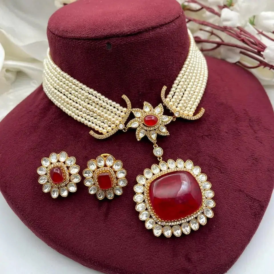 Pratigya Cabochone Doublet And Pearl Statement Necklace Set - Ruby Red