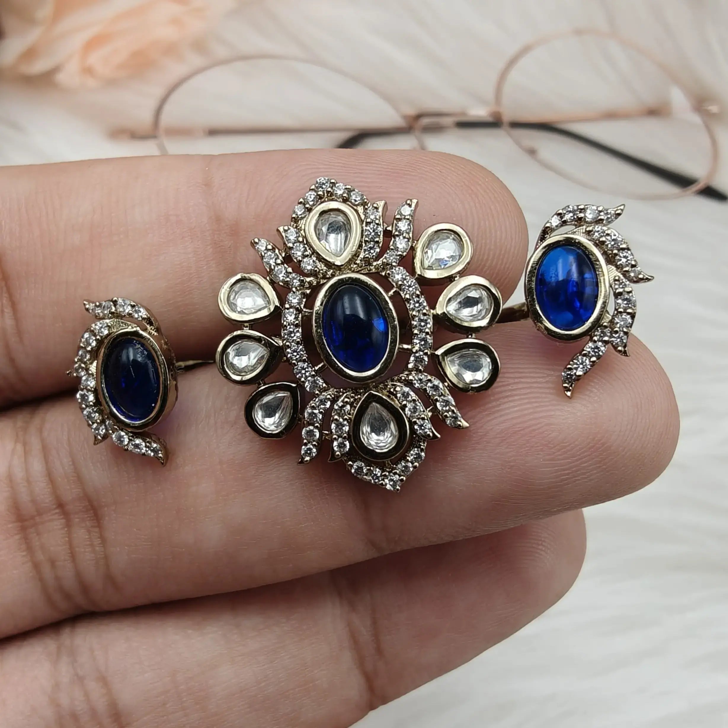 Srivalli Uncut Polki Double Ring - Blue
