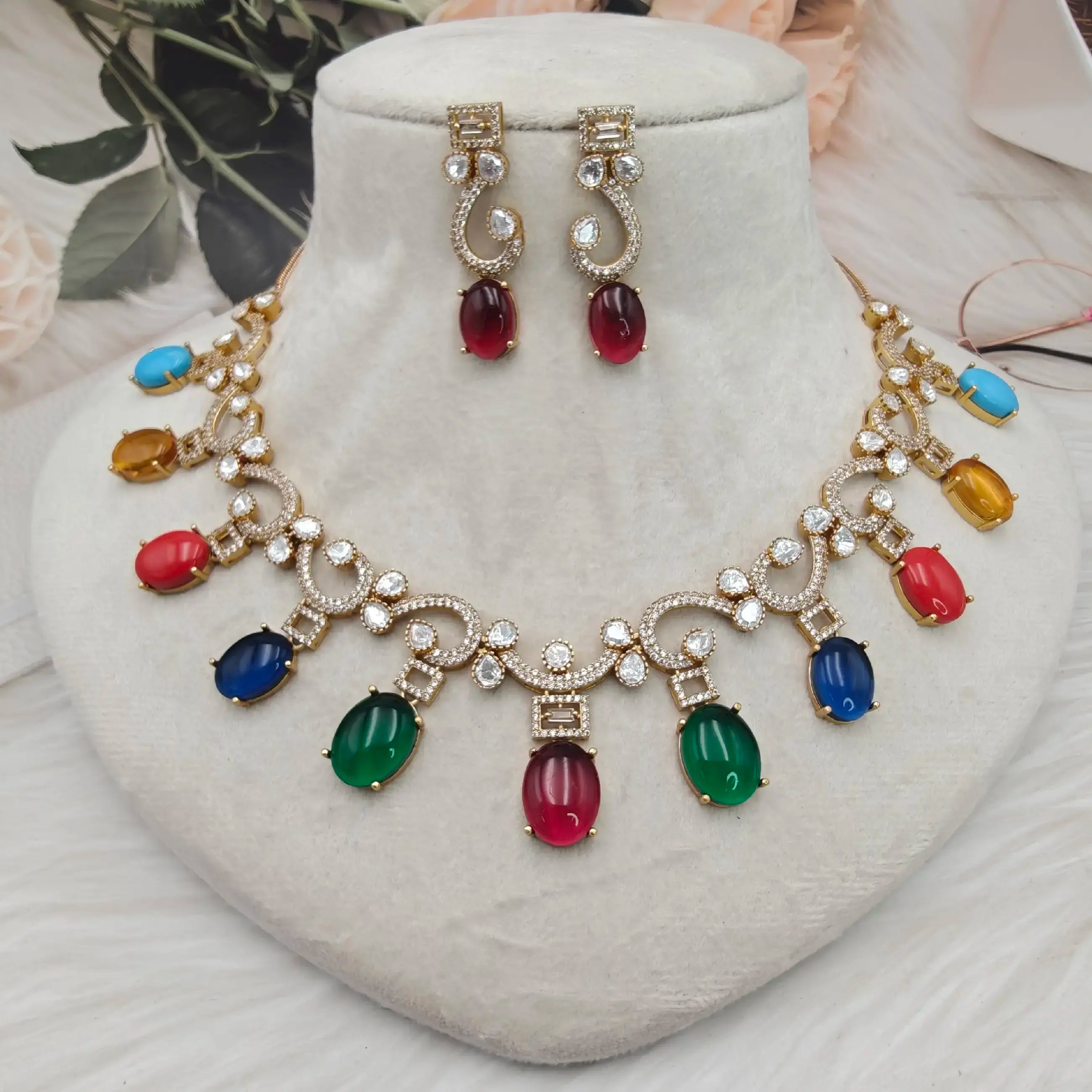 Siena Natural Stones Moissanite Necklace Set - Multi