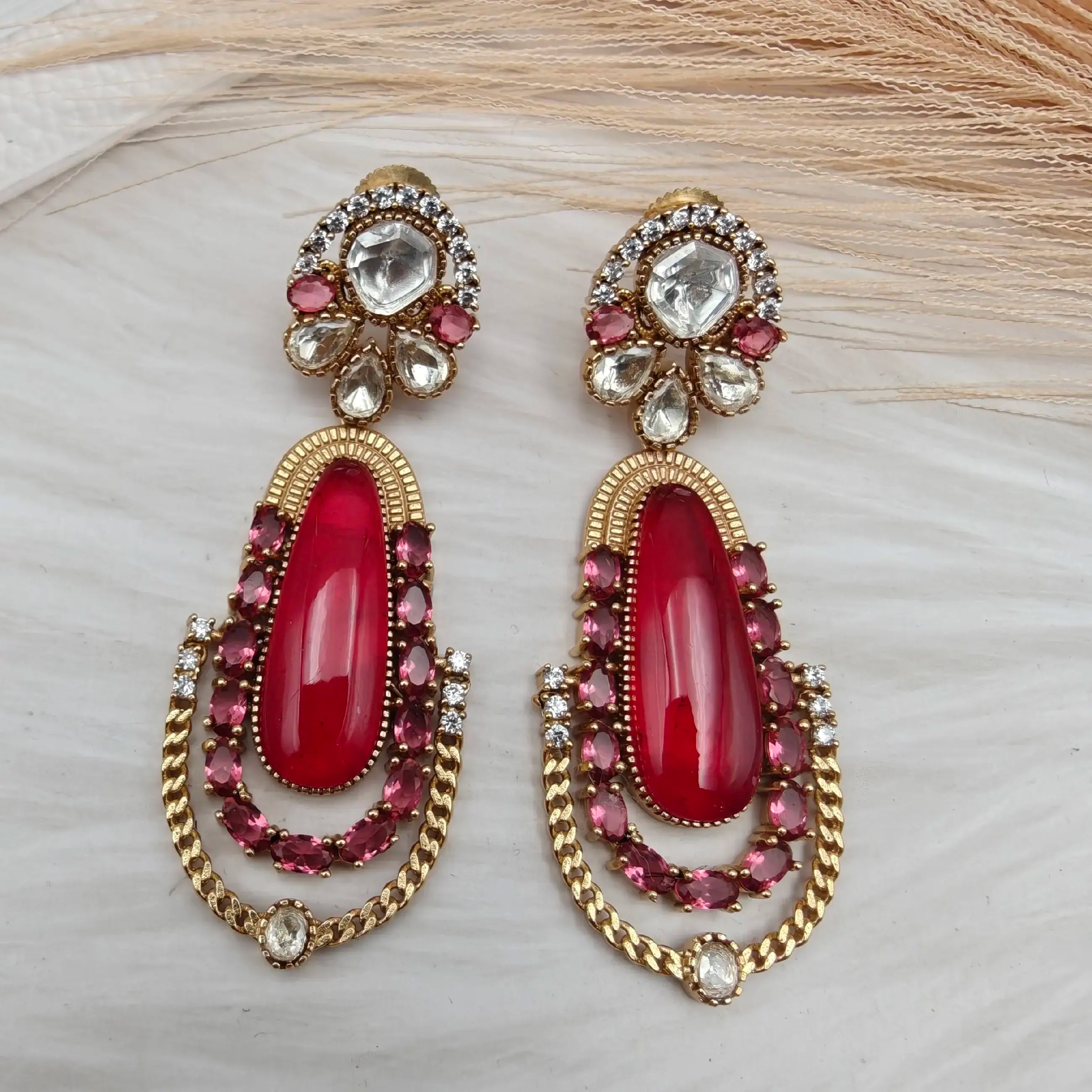 Atiksha Doublet Moissanite Statement Earrings- Red