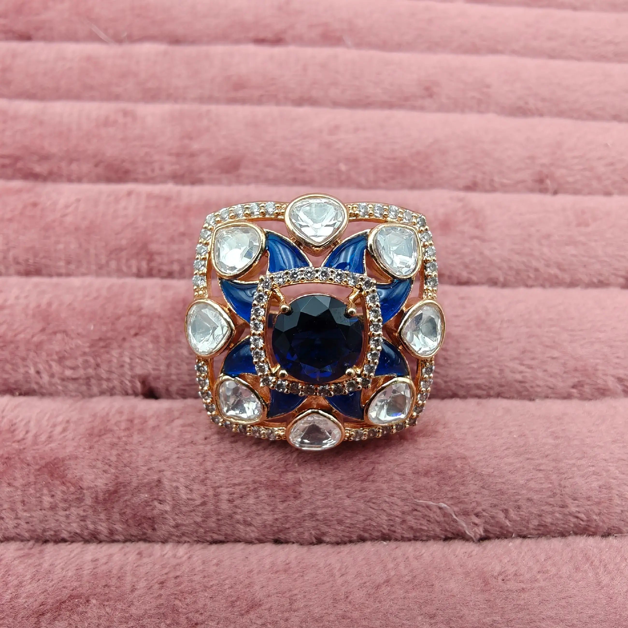 Raahil Moissanite And Pota Stone Adjustable Ring- Blue