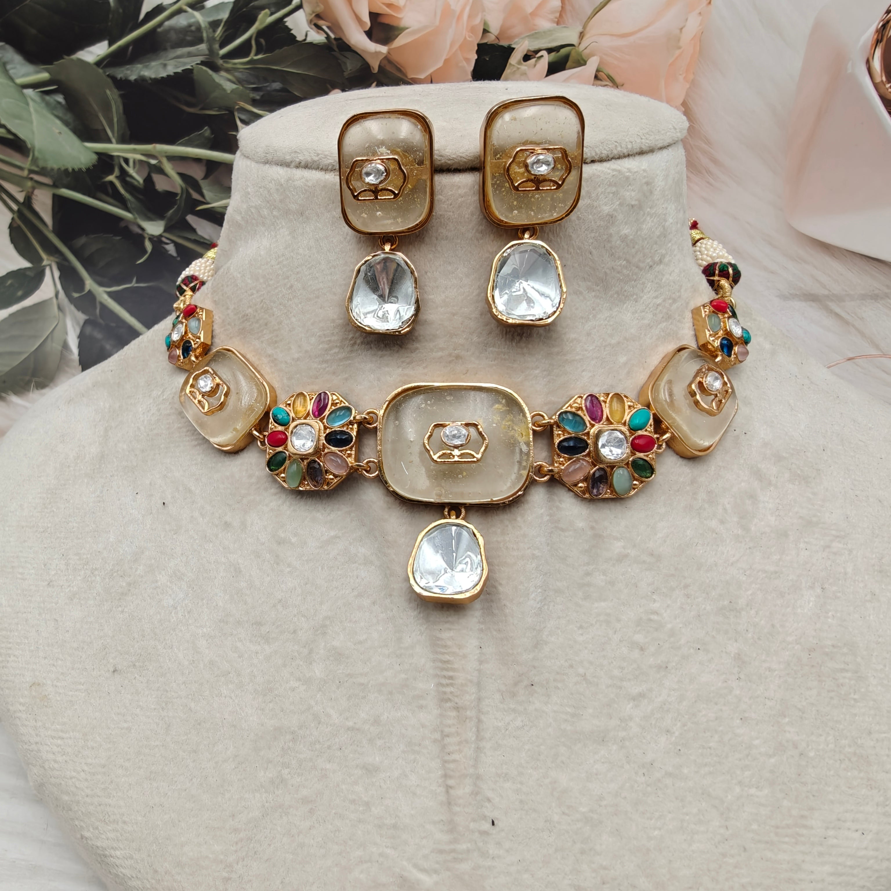 Satya Uncut Polki with Natural Stone Choker Necklace Set - Trans Yellow