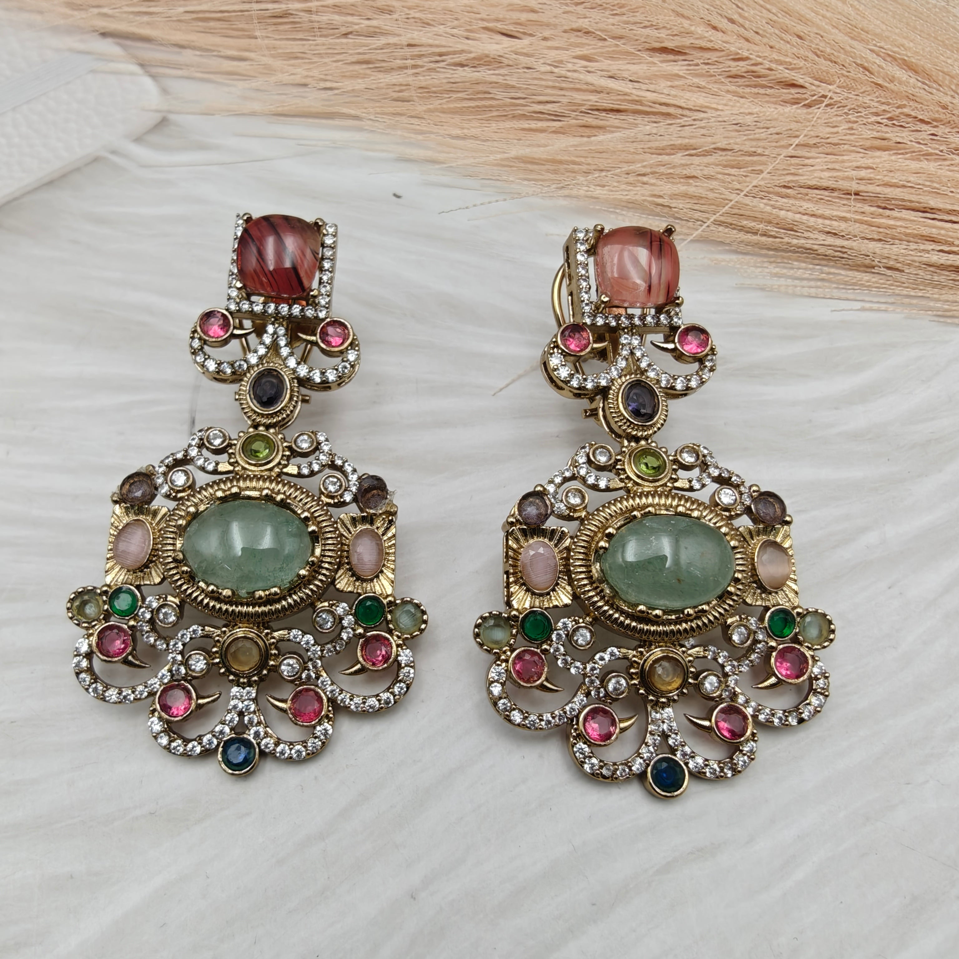 Sabyasachi Inspired Toshiba Natural Stones Earrings - Mint Red