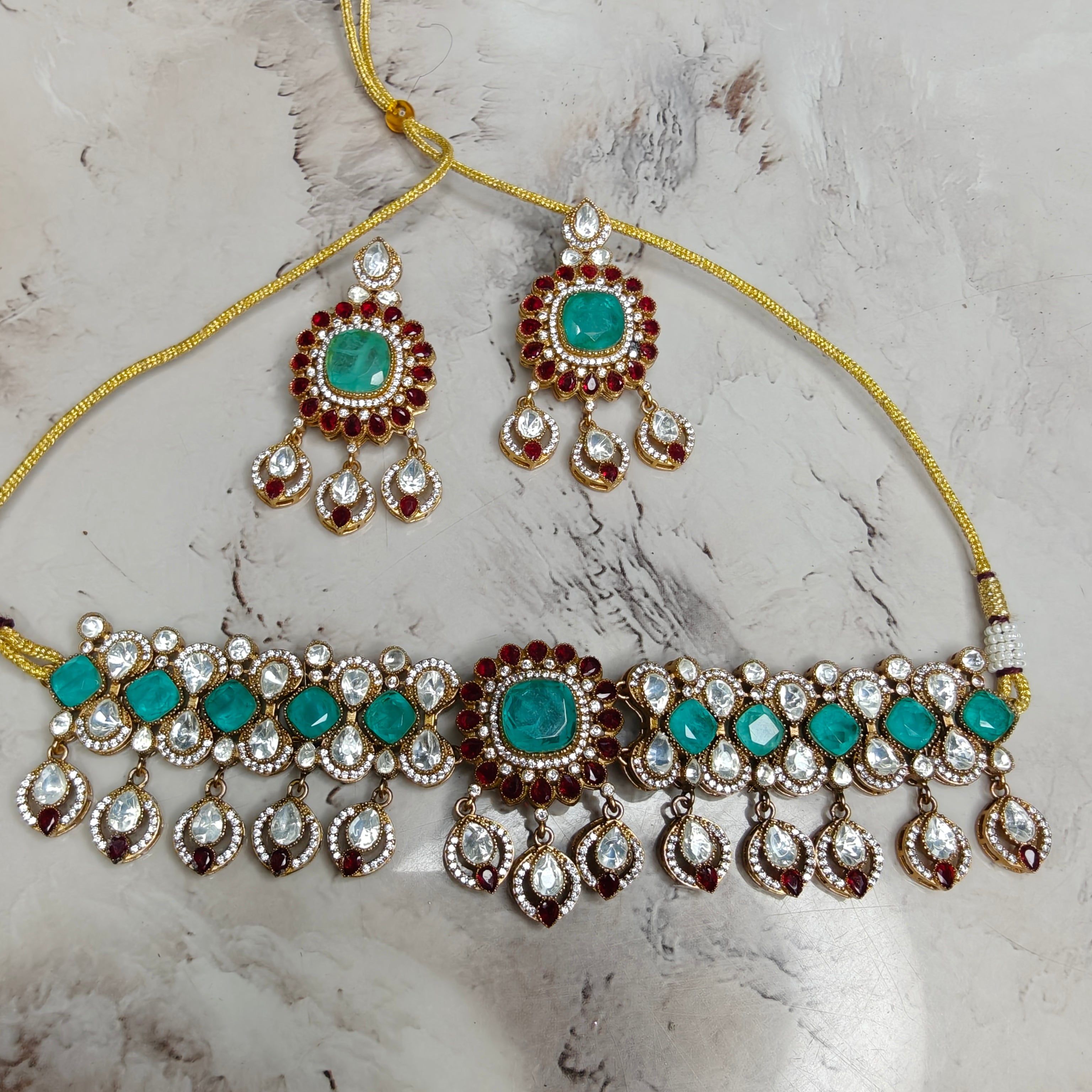 Ragini Doublet and Moissanite Choker Set- Mint n Maroon