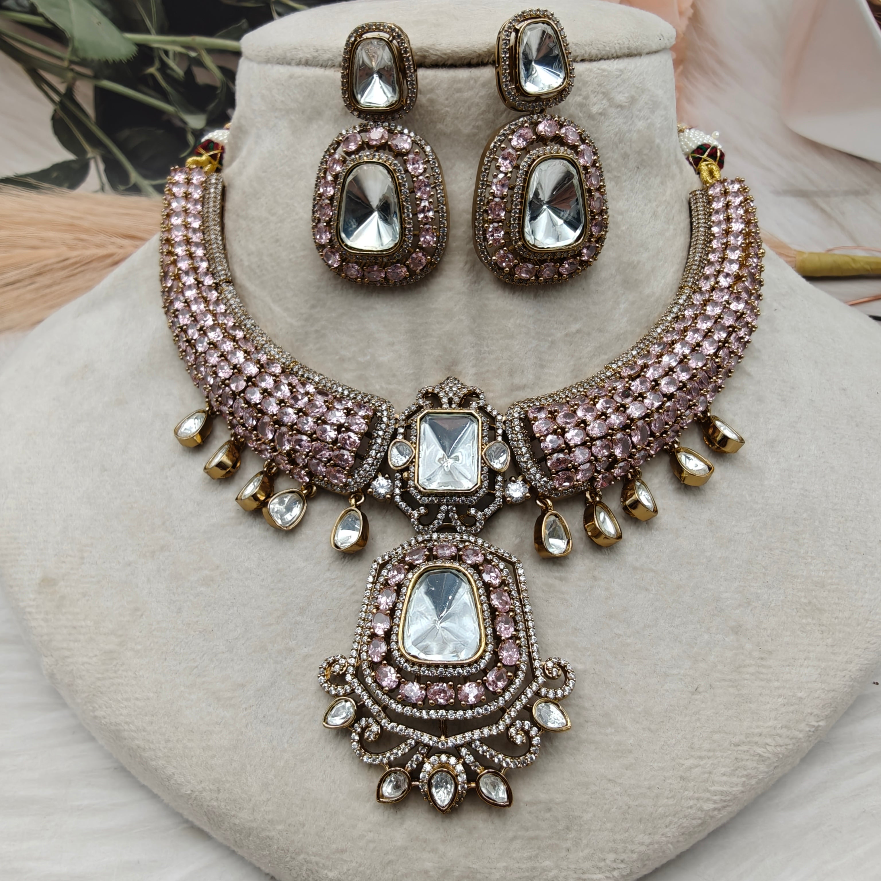 Naazni Moissanite Polki Premium Necklace Set - Pink