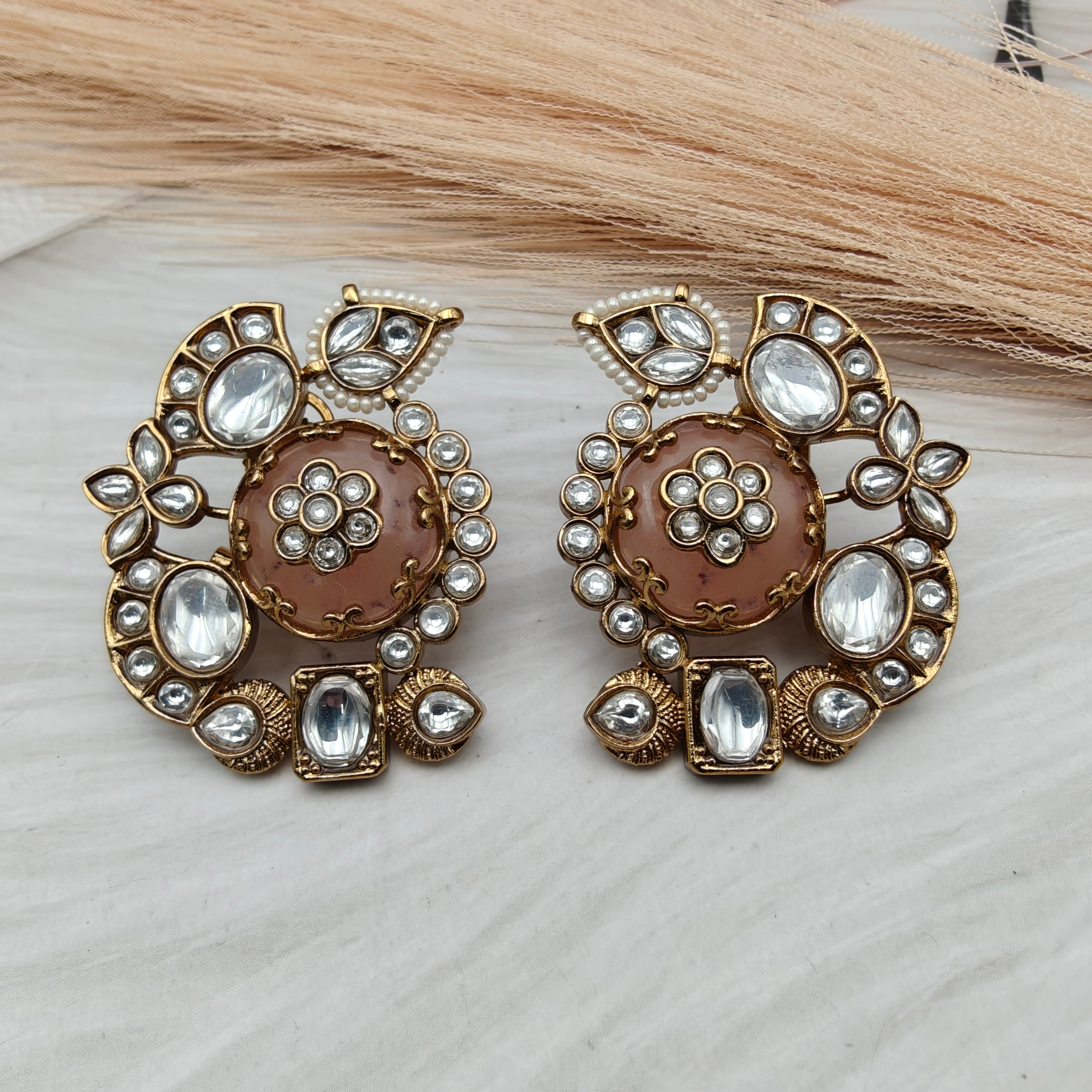 Heena Statement Jadau Kundan Studs- Peach Neutral