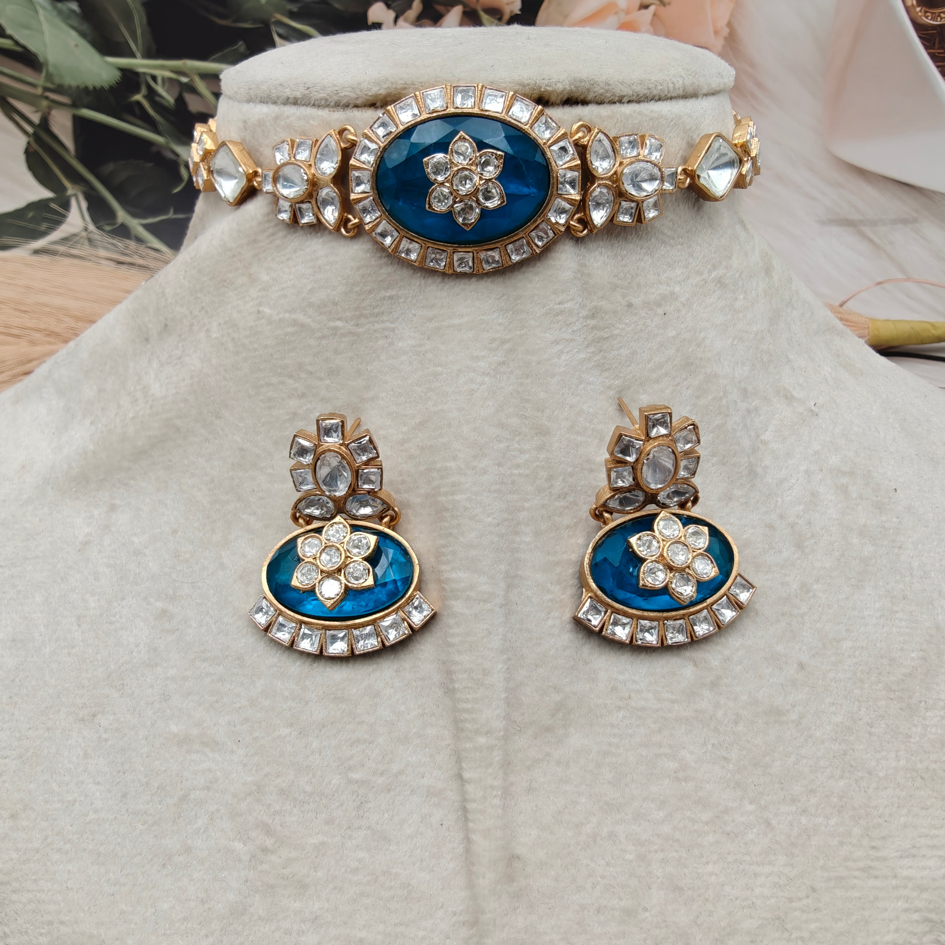 Kalika Uncut Moissanite Onyx Choker Set- Peacock Blue