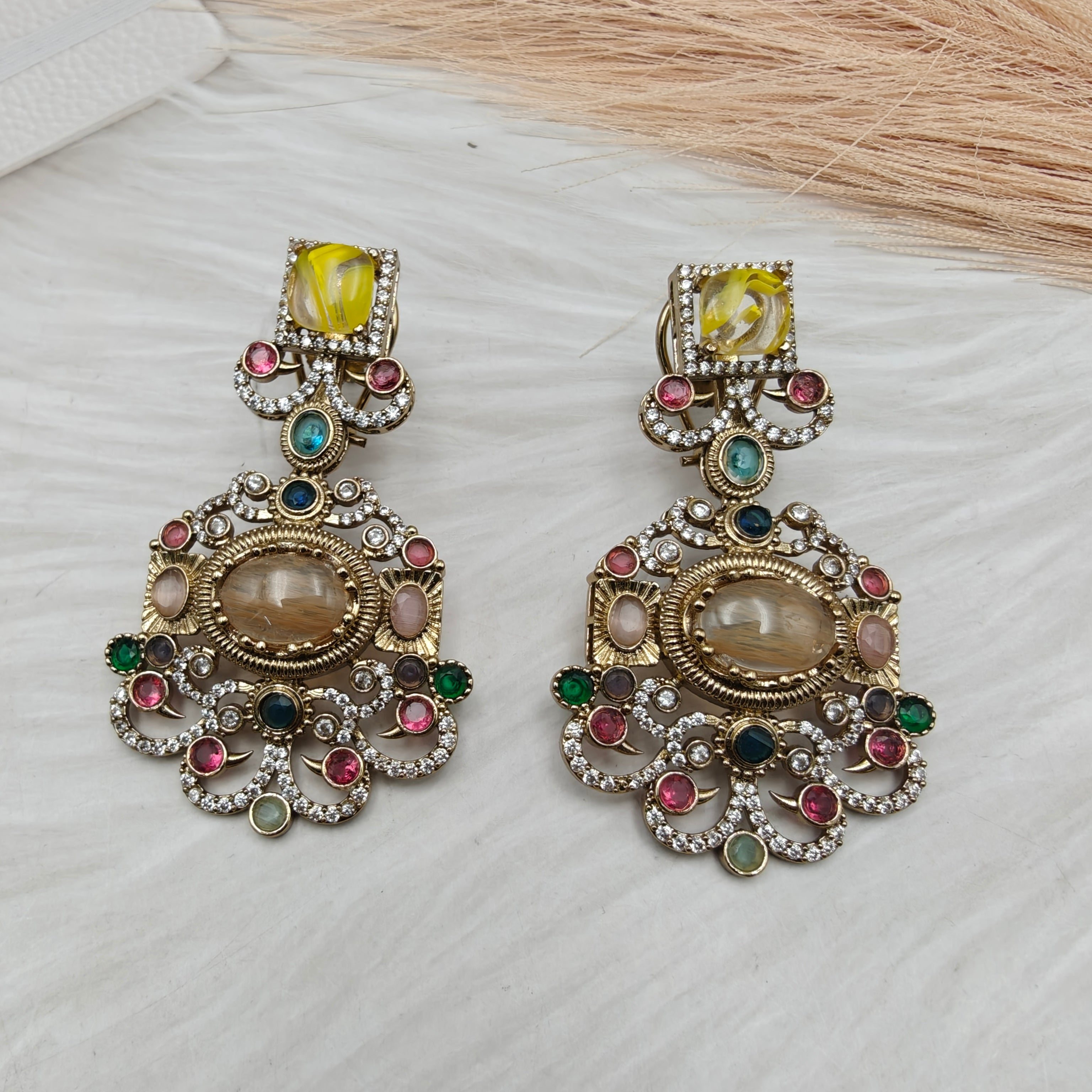 Sabyasachi Inspired Toshiba Natural Stones Earrings - Peach Yellow