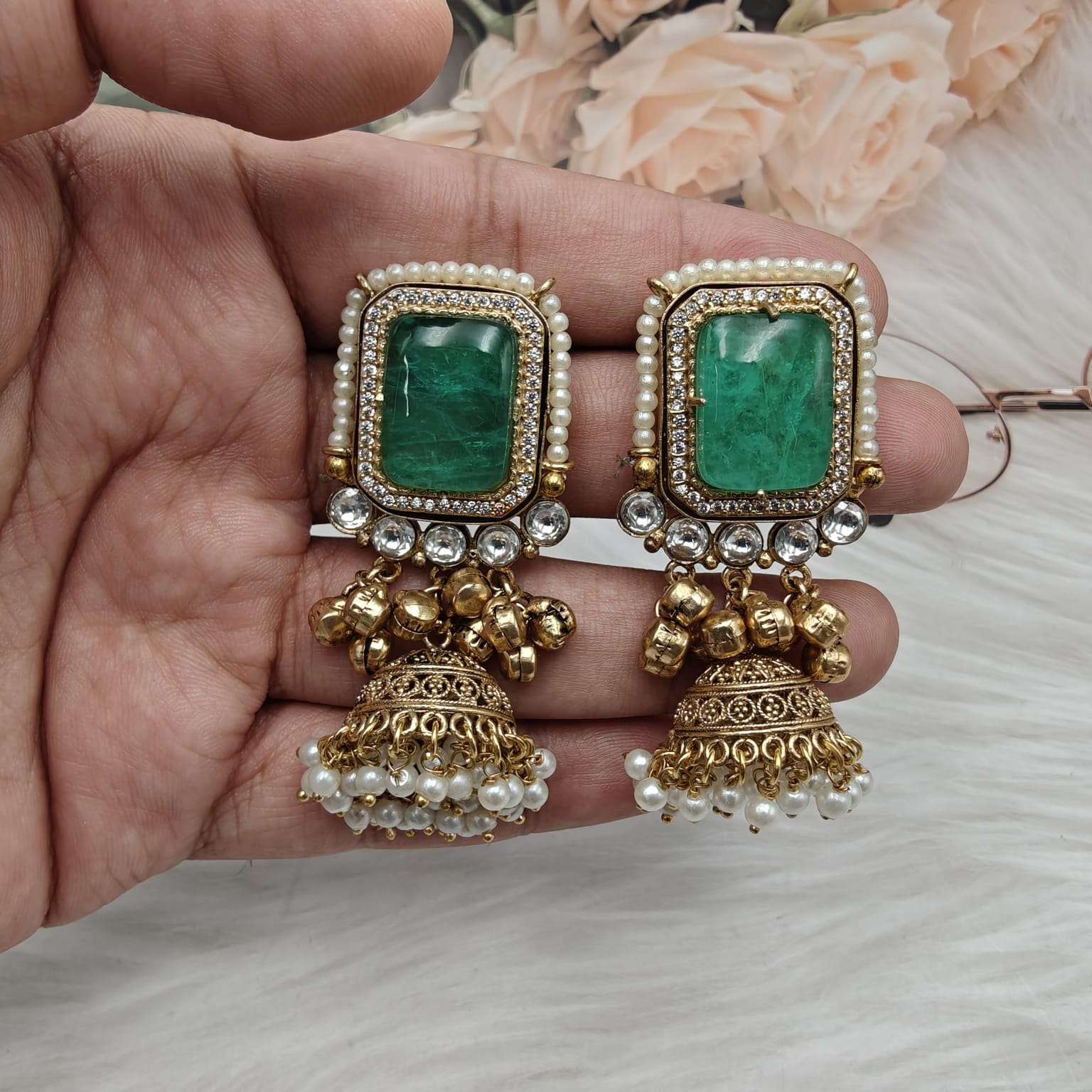 Afsana Doublet Amrapali Brass Fusion Jhumki- Mint Green