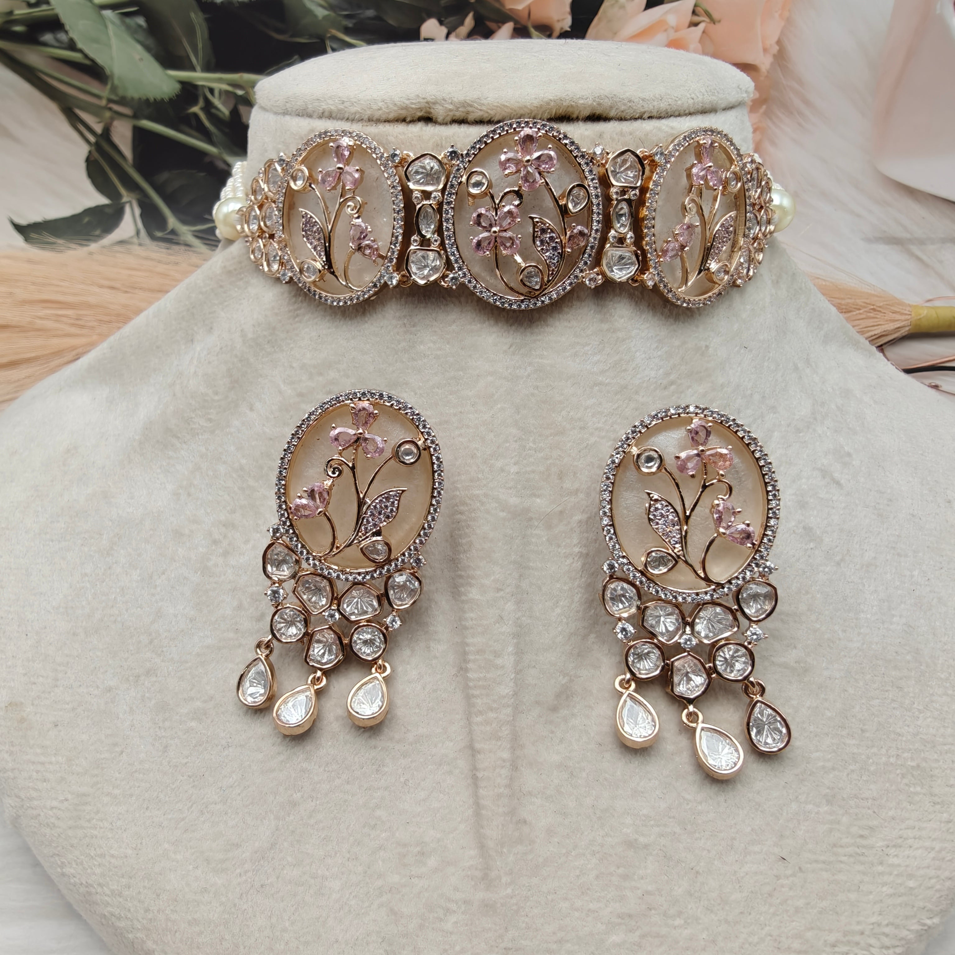 Meher Floral Mother of Pearl Choker Set- Pink
