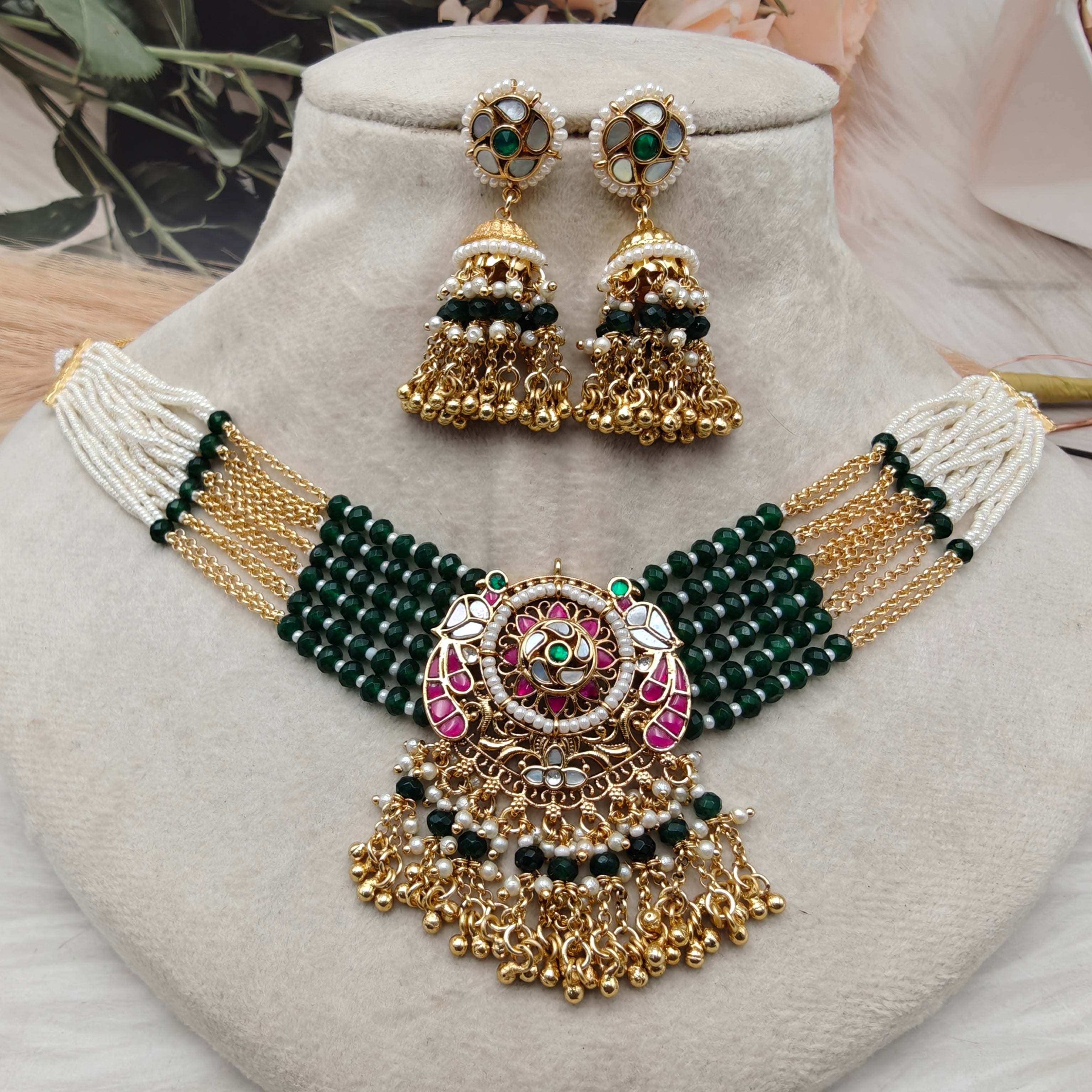 Vatsala Premium Pachi Kundan Choker Set - Green n Ruby