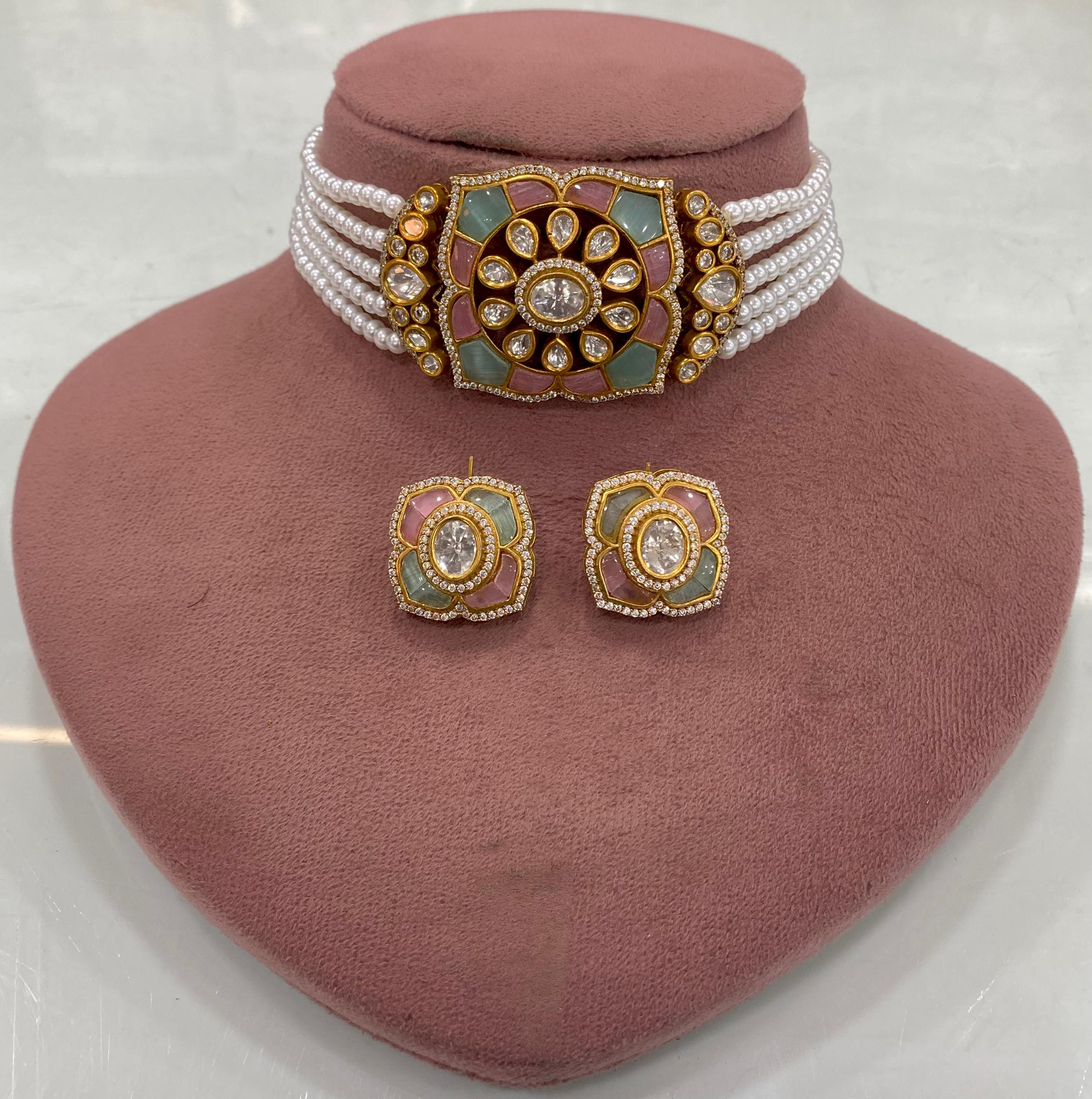 Shreeya Takker Stone Choker Set- Pink n Mint