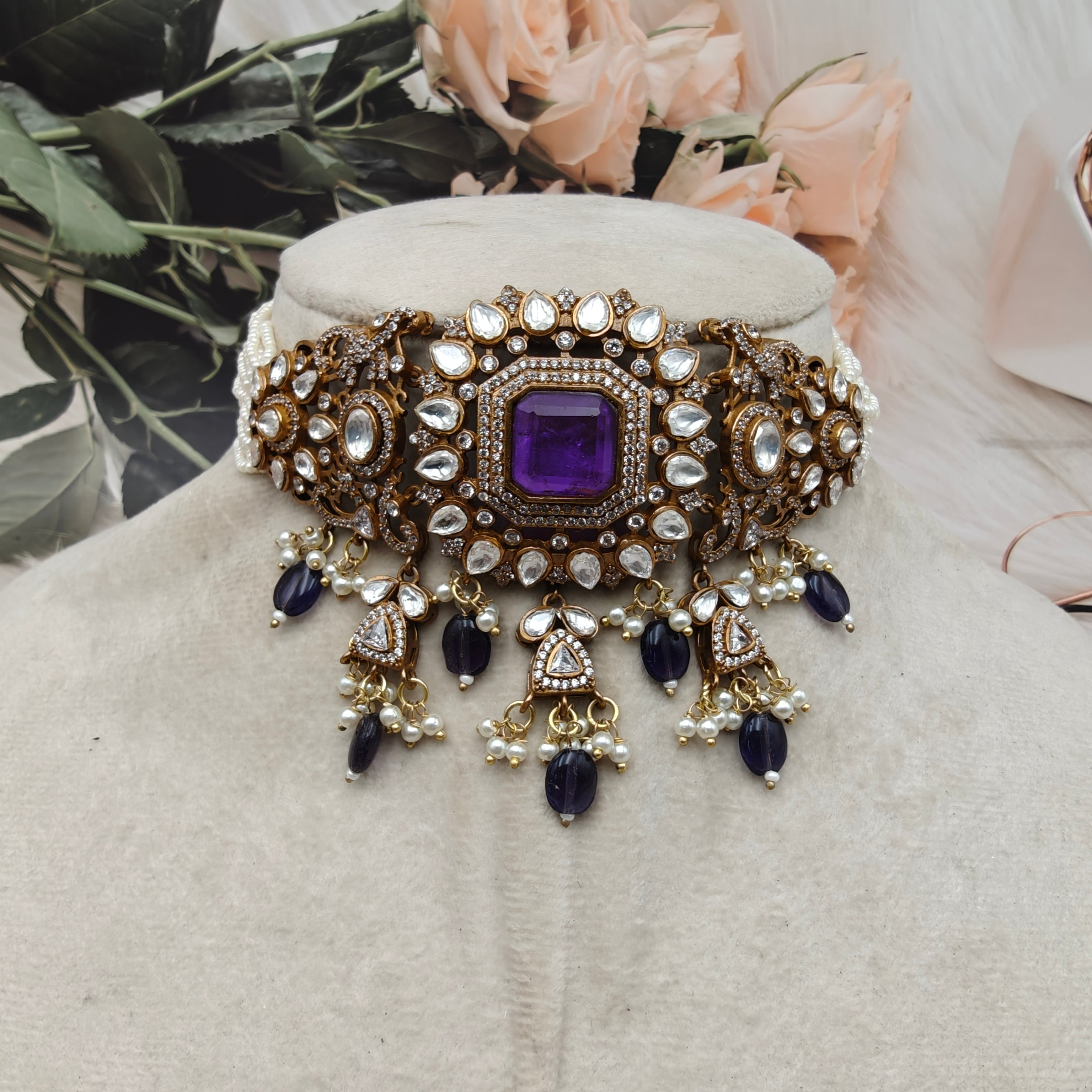 Shakti Doublet Victorian Finish Uncut Moissanite Polki Choker Set- Purple
