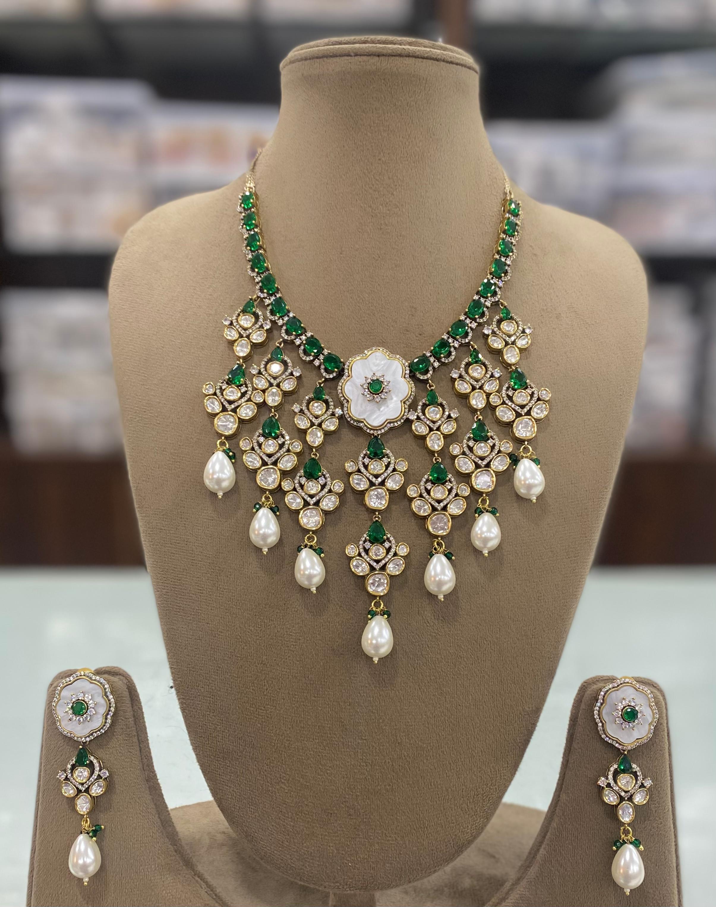 Amrita Shell Stone and Polki Necklace Set- Green