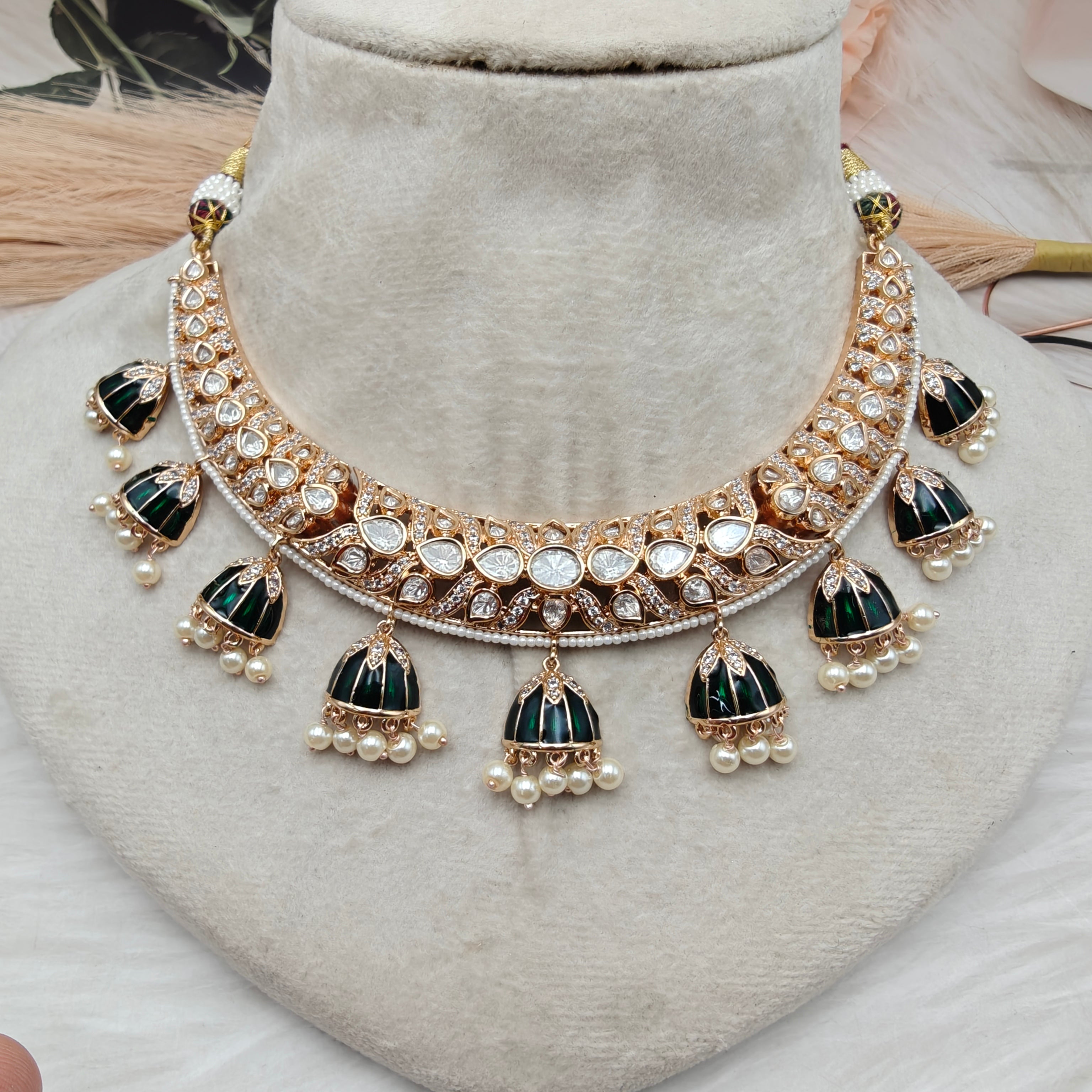 Sidhita Enamel Work Moissanite Hasli Necklace Set - Green