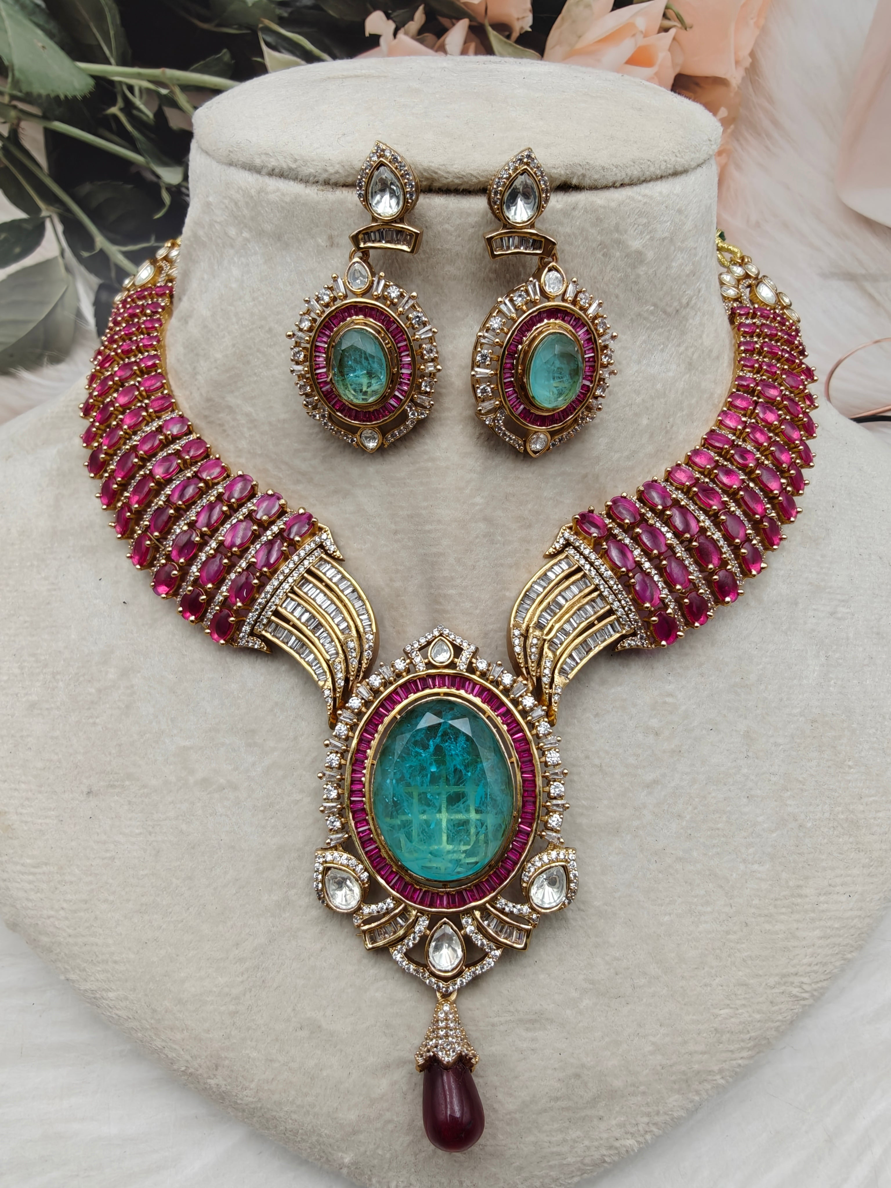 Jahanara Doublet and Moissanite Necklace Set - Ruby n Aqua Blue