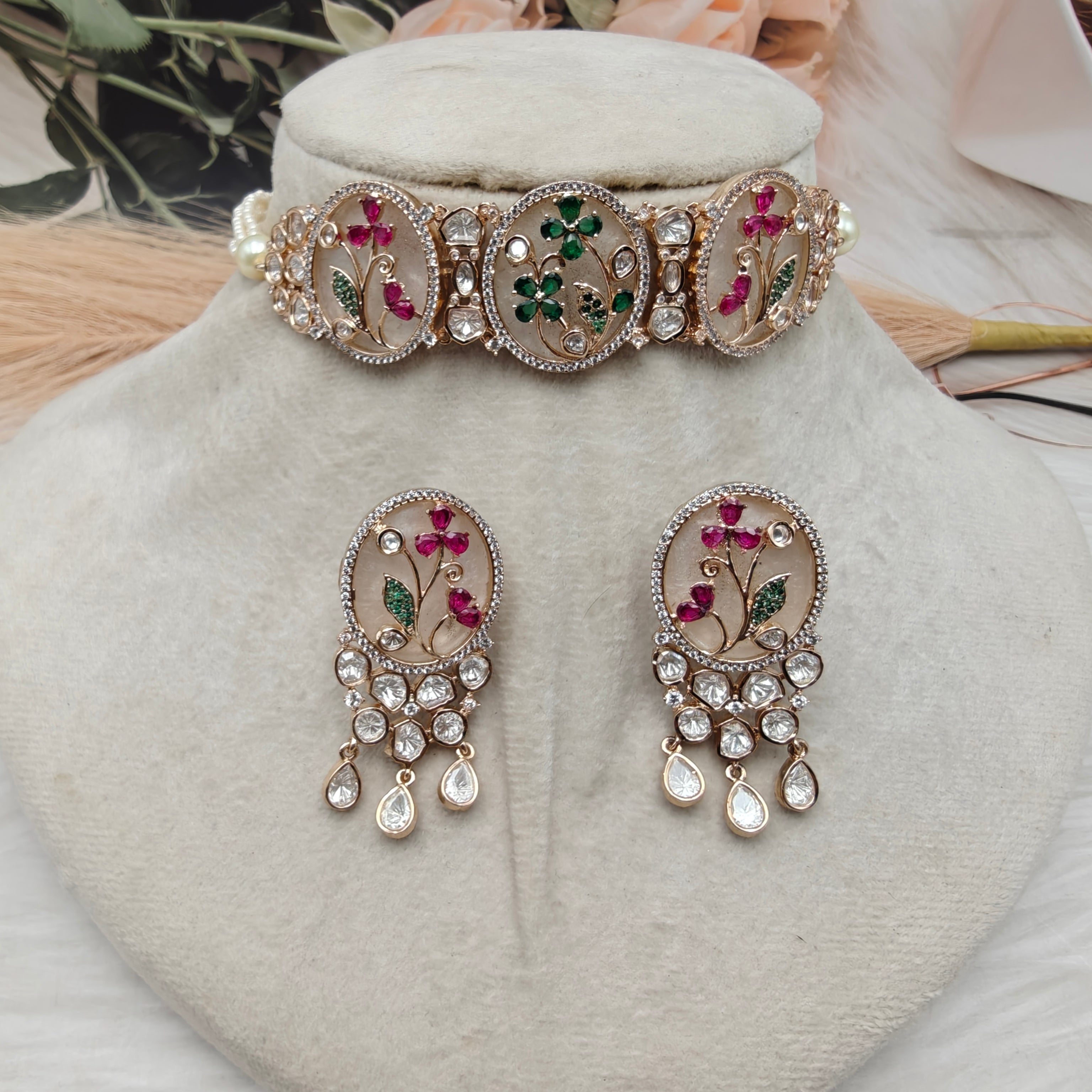 Meher Floral Mother of Pearl Choker Set- Ruby n Green