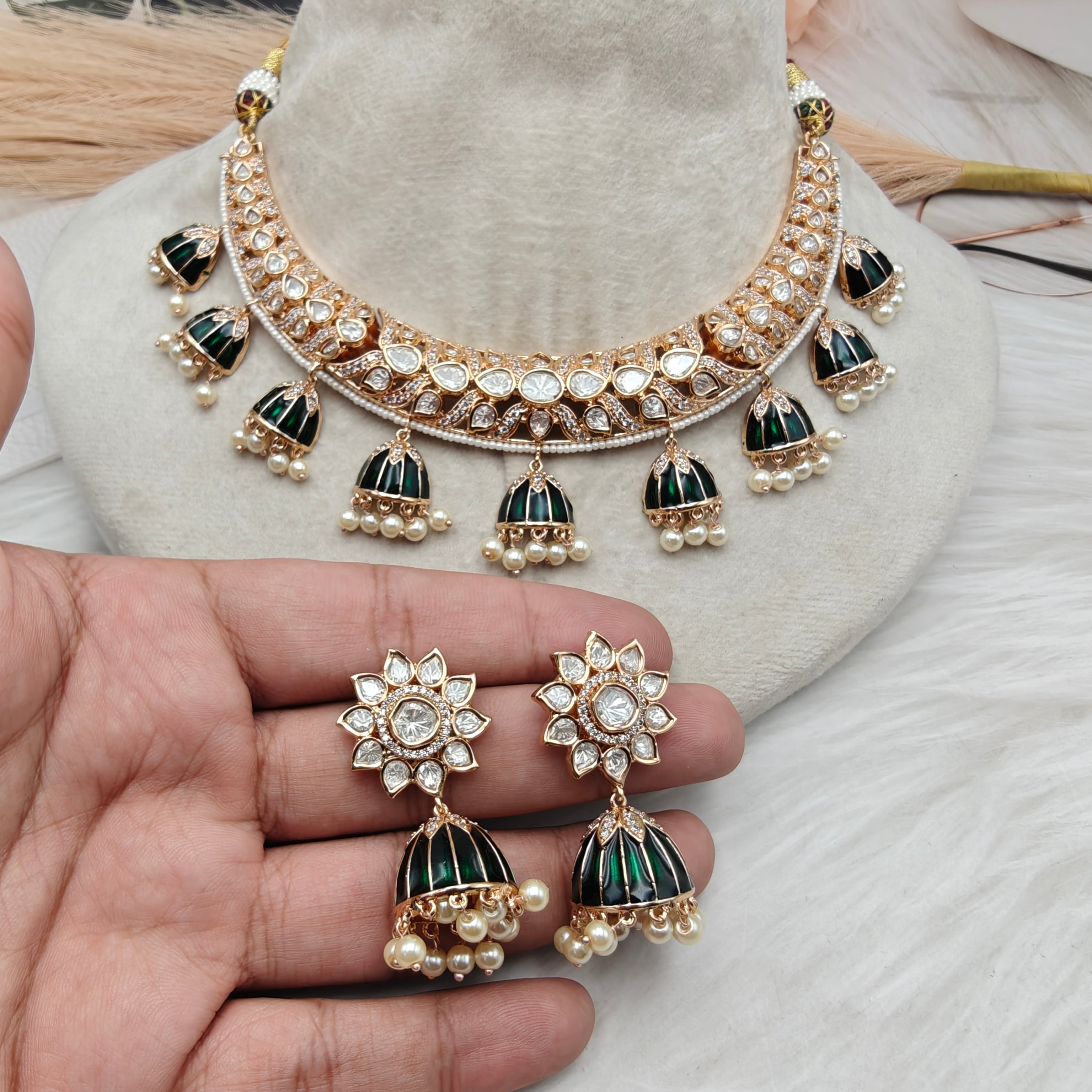 Sidhita Enamel Work Moissanite Hasli Necklace Set - Green