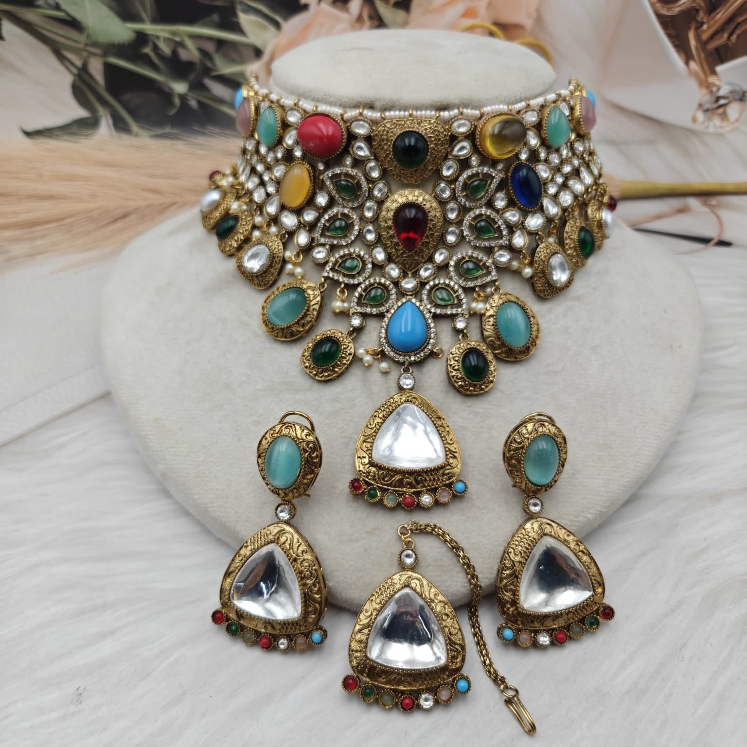 Sabyasachi Inspired Maharani Glow Necklace Set - Navratana Multi